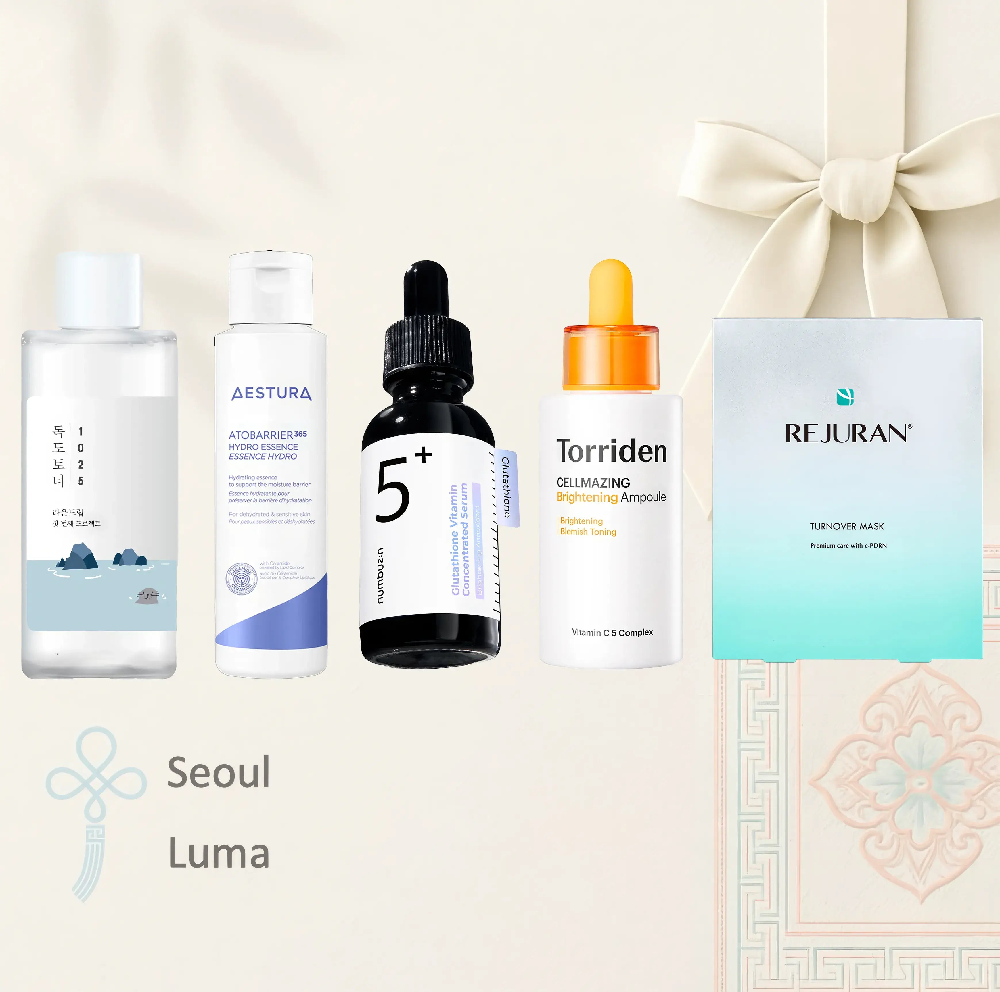 5-Step Brightening Morning Care routine featuring Round Lab 1025 Dokdo Toner, Aestura ATOBARRIER365 Hydro Essence, Numbuzin No.5 Vitamin Concentrated Serum, Torriden CELLMAZING Vita C Brightening Ampoule, and Rejuran Turnover Mask for comprehensive brightening and radiance transformation.