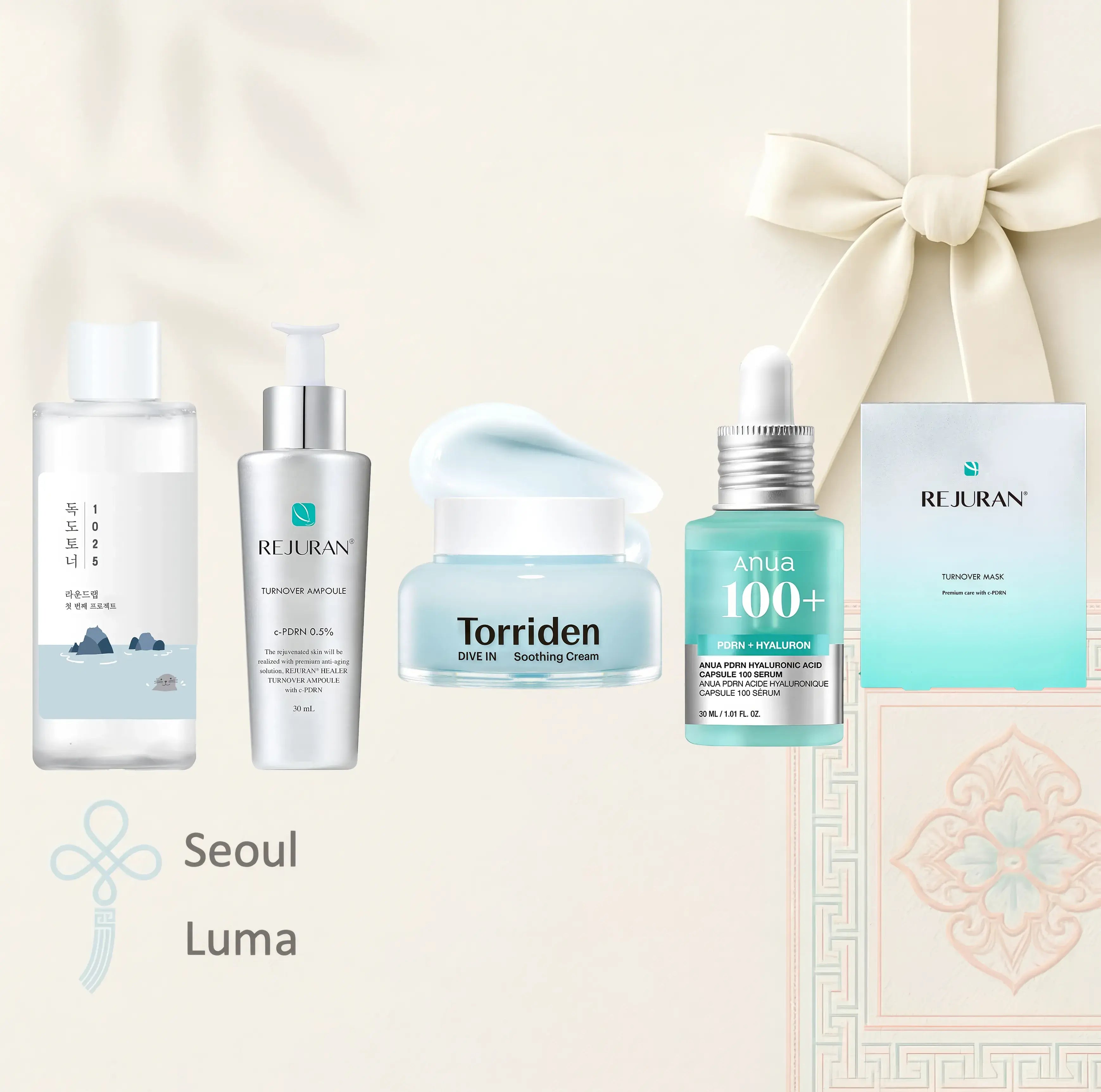 5-Step Firming & Strengthening Care routine featuring Round Lab 1025 Dokdo Toner, Rejuran Turnover Ampoule, Torriden DIVE-IN PDRN Hyaluronic Acid Capsule 100 Serum, Torriden DIVE-IN Low Molecular Hyaluronic Soothing Cream, and Rejuran Turnover Mask for comprehensive firming and anti-aging transformation.
