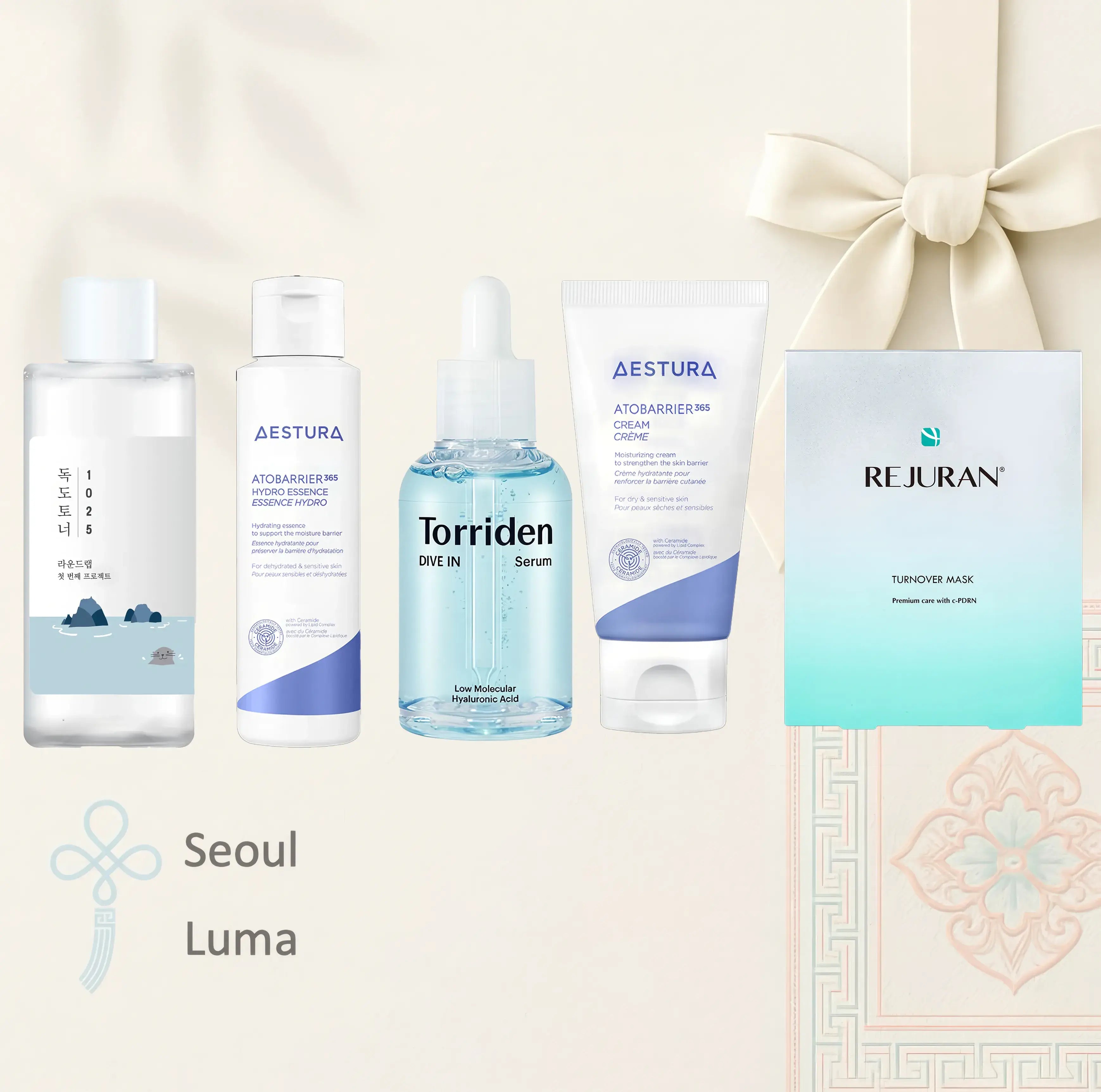 5-Step Intense Hydration & Barrier Repair routine featuring Round Lab 1025 Dokdo Toner, Aestura ATOBARRIER365 Hydro Essence, Torriden DIVE-IN Low Molecular Hyaluronic Serum, Aestura ATOBARRIER365 Cream, and Rejuran Turnover Mask for comprehensive hydration and barrier restoration.