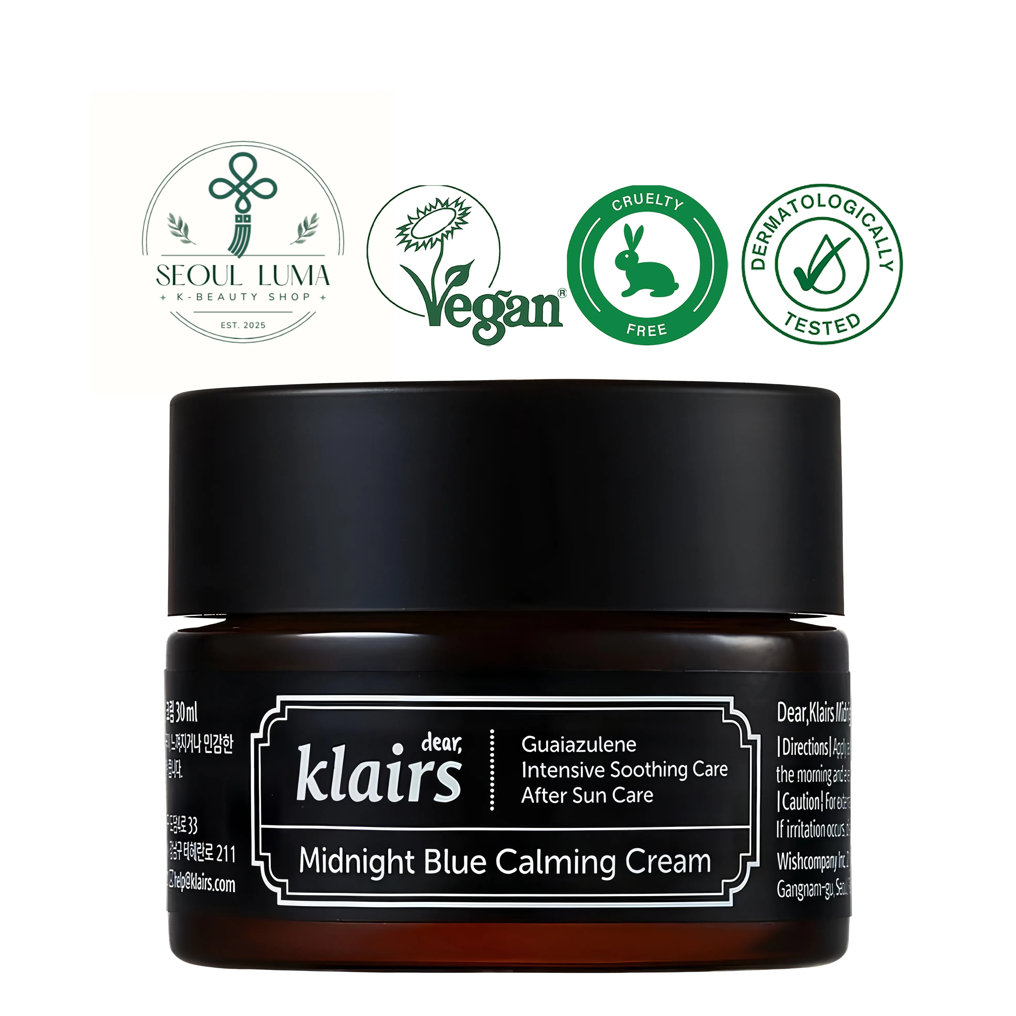 Klairs Midnight Blue Calming Cream with 0.03% Guaiazulene and Centella Asiatica for sensitive and irritated skin soothing