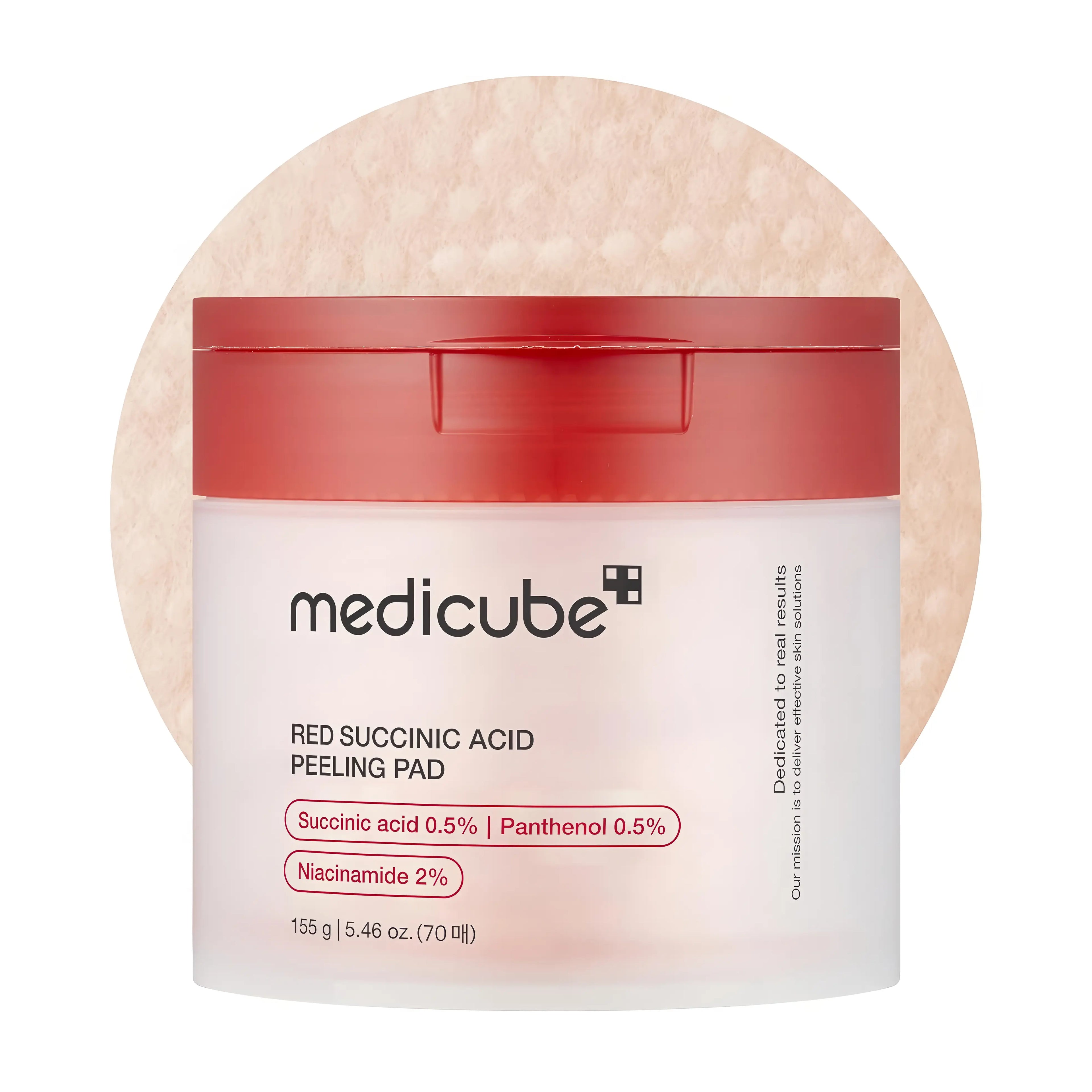 Medicube Red Succinic Acid Pad (70 Pads), gentle chemical exfoliating pads for acne-prone, oily, and sensitive skin, combines succinic acid, salicylic acid, niacinamide, and panthenol to clear pores, reduce breakouts and redness, fade post-acne marks, control sebum, and soothe irritation while strengthening the skin barrier.

