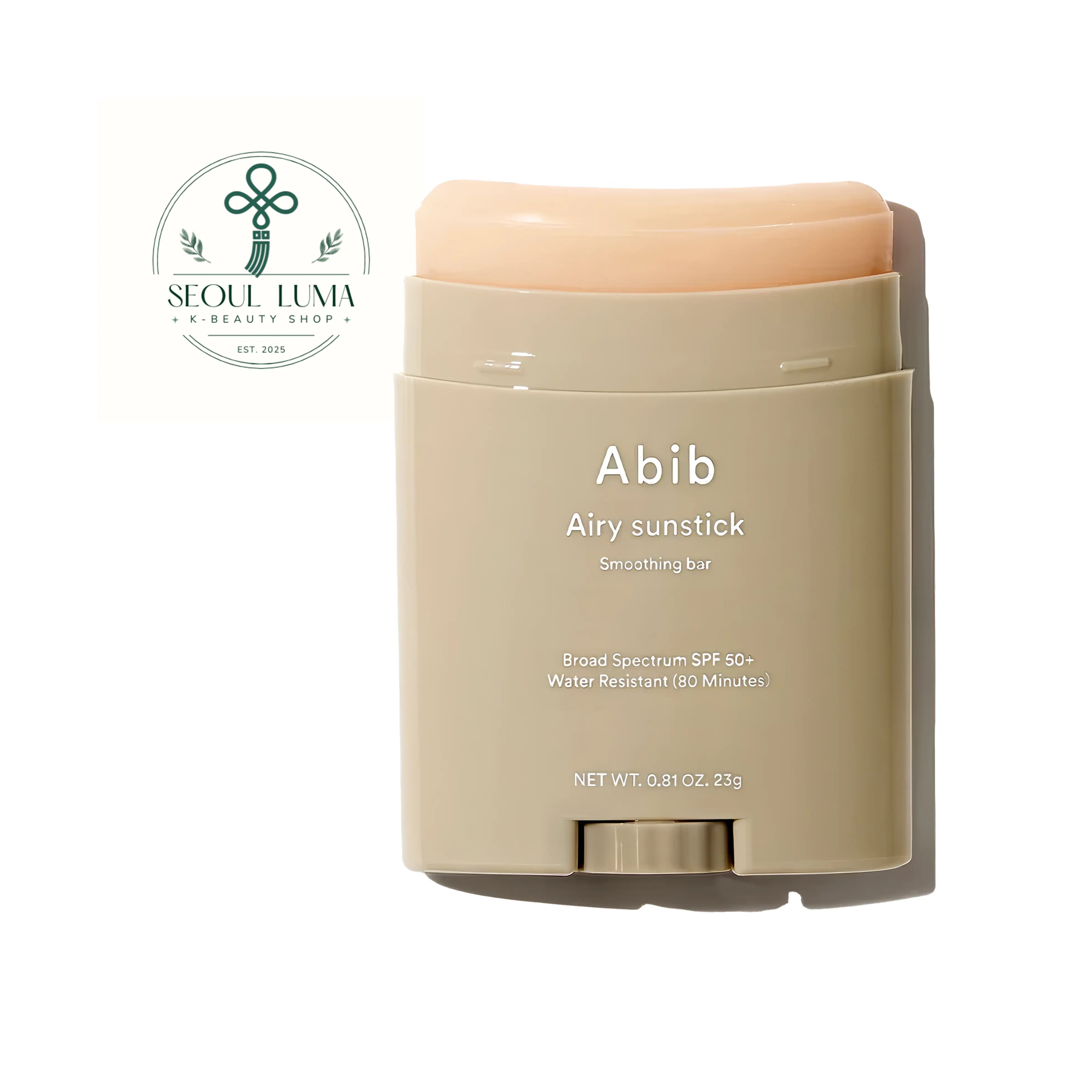 Abib Airy Sunstick Smoothing Bar 23g front view ergonomic curved sunscreen stick with semi-matte finish for oily and combination skin

