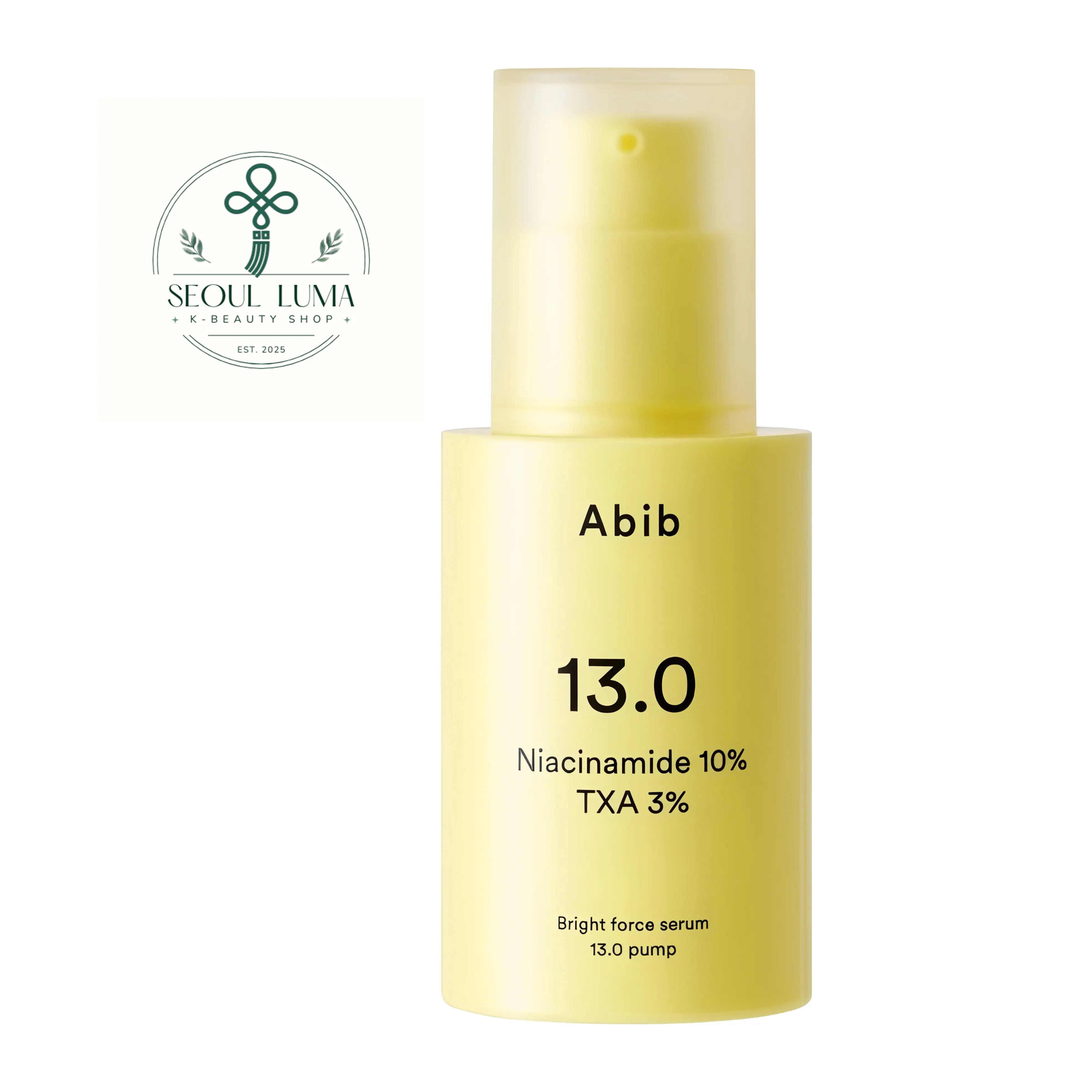 Abib Bright Force Serum 13.0 Pump 30ml front view high potency dark spot serum with 10% niacinamide and tranexamic acid for even skin tone
