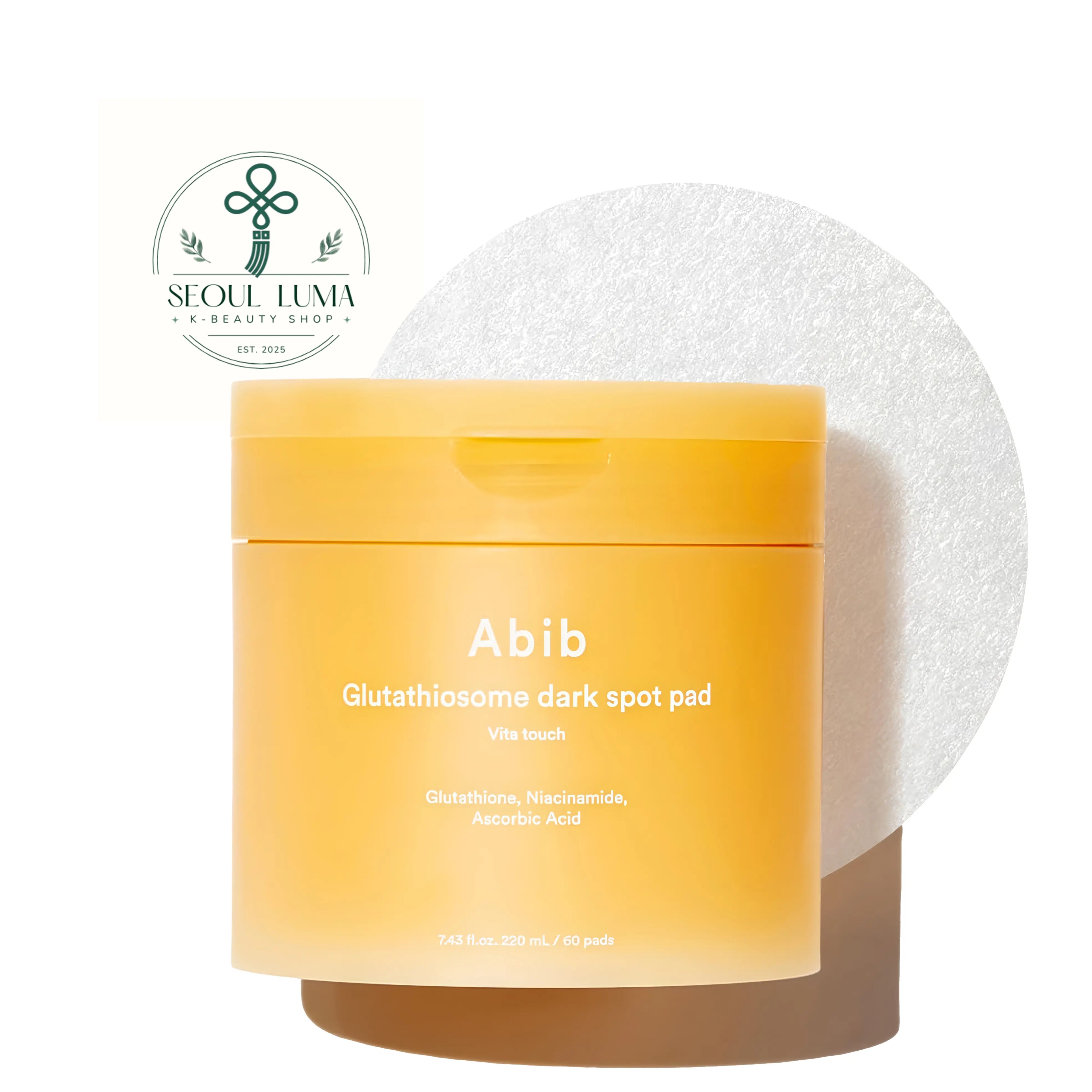 Abib Glutathiosome Dark Spot Pad Vita Touch 60ea front view brightening toner pads with vitamin C and glutathione for dark spots and uneven skin tone
