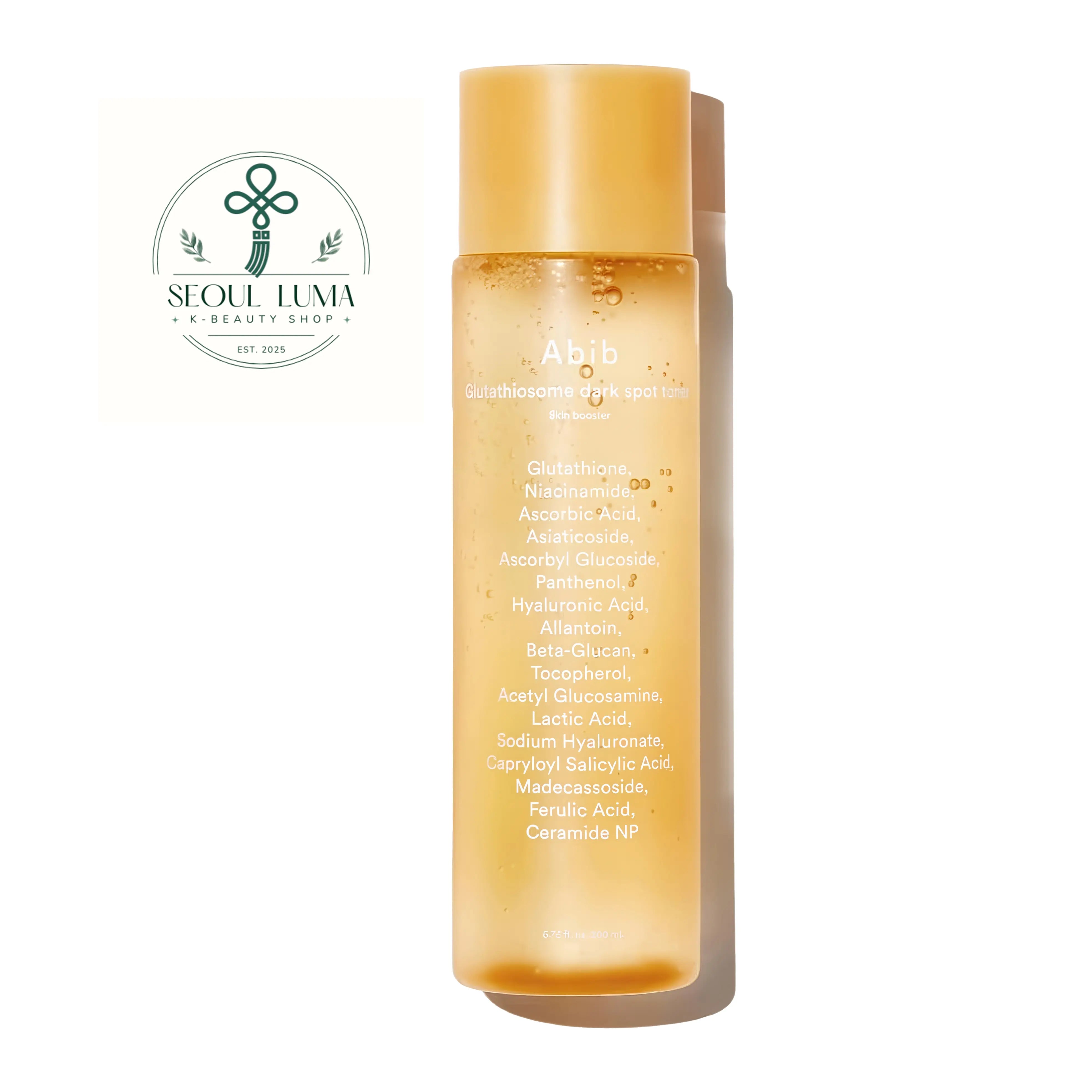 Abib Glutathiosome Dark Spot Toner Skin Booster 200ml front view brightening toner with 5% glutathione for fading dark spots and uneven skin tone
