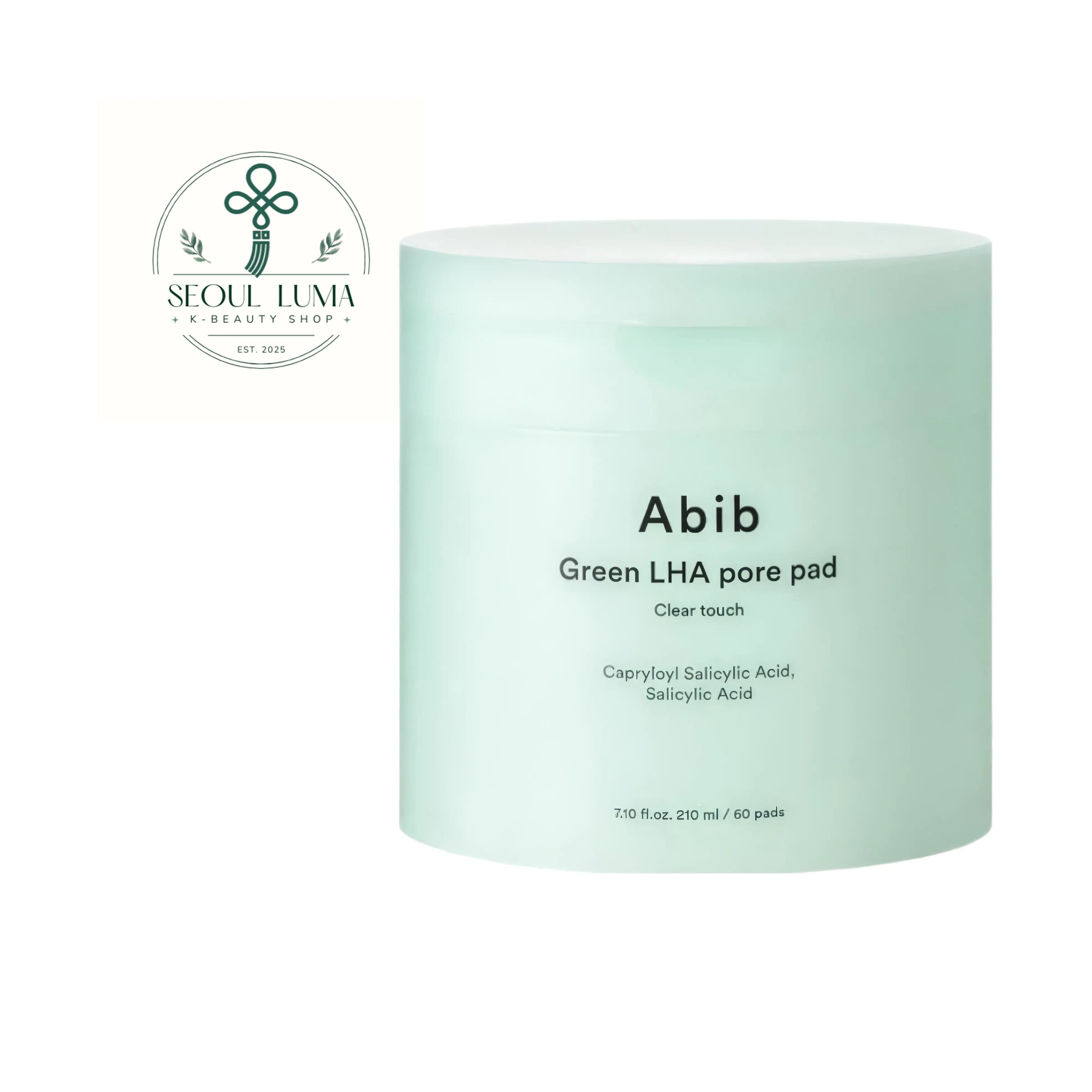 Abib Green LHA Pore Pad Clear Touch 60ea front view pore refining toner pads with LHA and BHA for gentle exfoliation and sebum control
