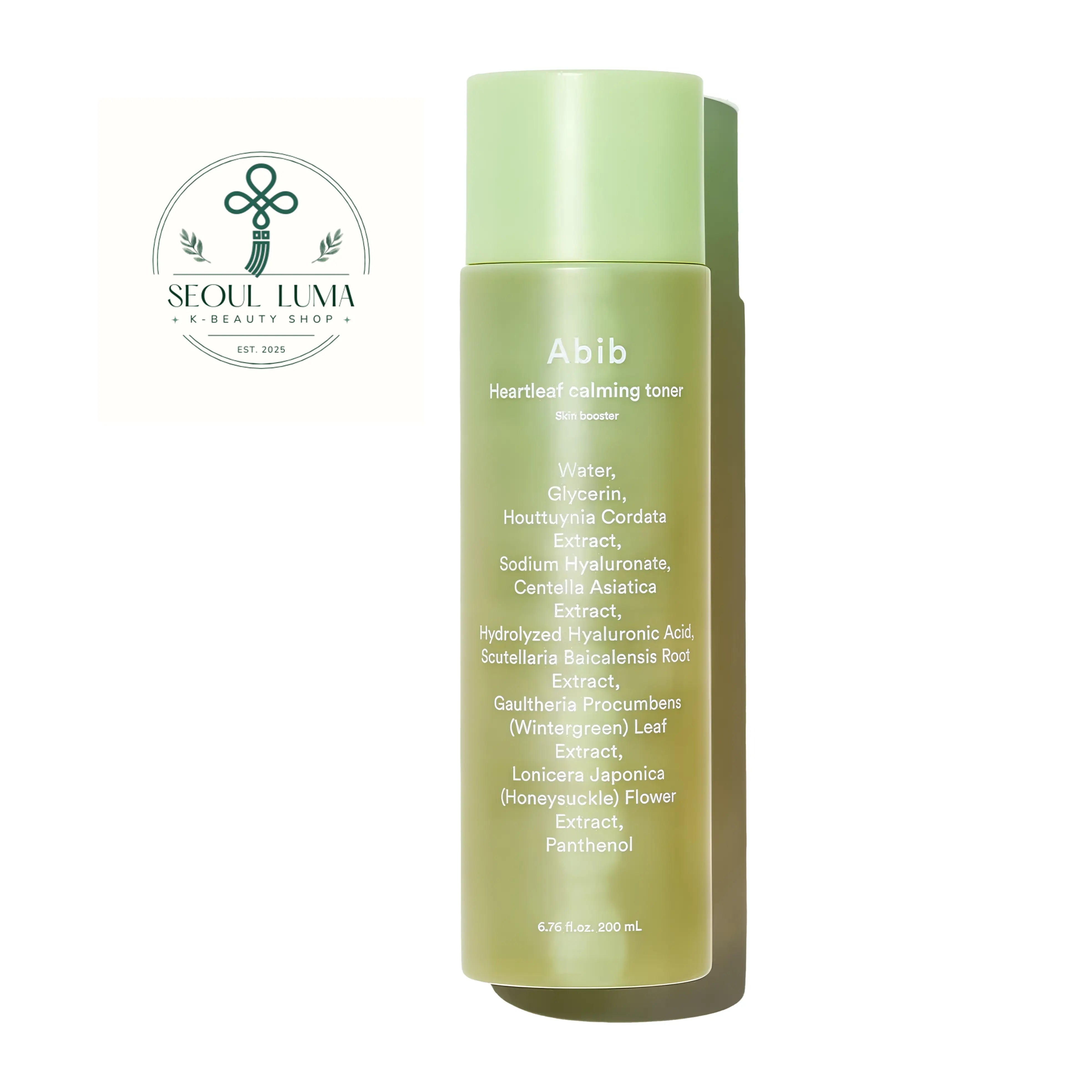 Abib Heartleaf Calming Toner Skin Booster 200ml front view soothing watery toner with 50000ppm heartleaf extract for sensitive and acne prone skin
