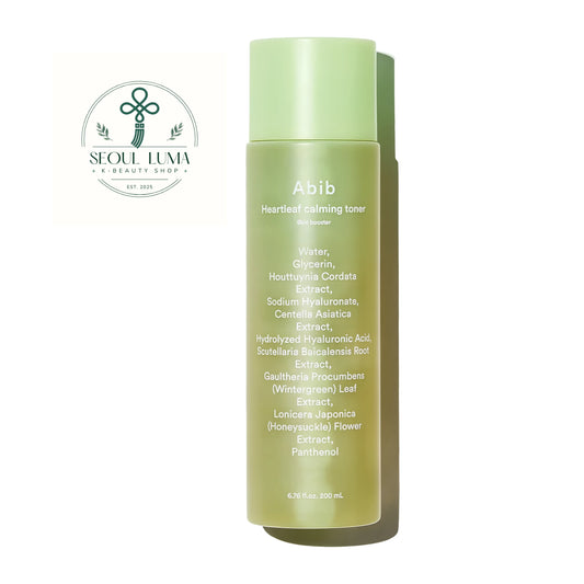 Abib Heartleaf Calming Toner Skin Booster 200ml front view soothing watery toner with 50000ppm heartleaf extract for sensitive and acne prone skin
