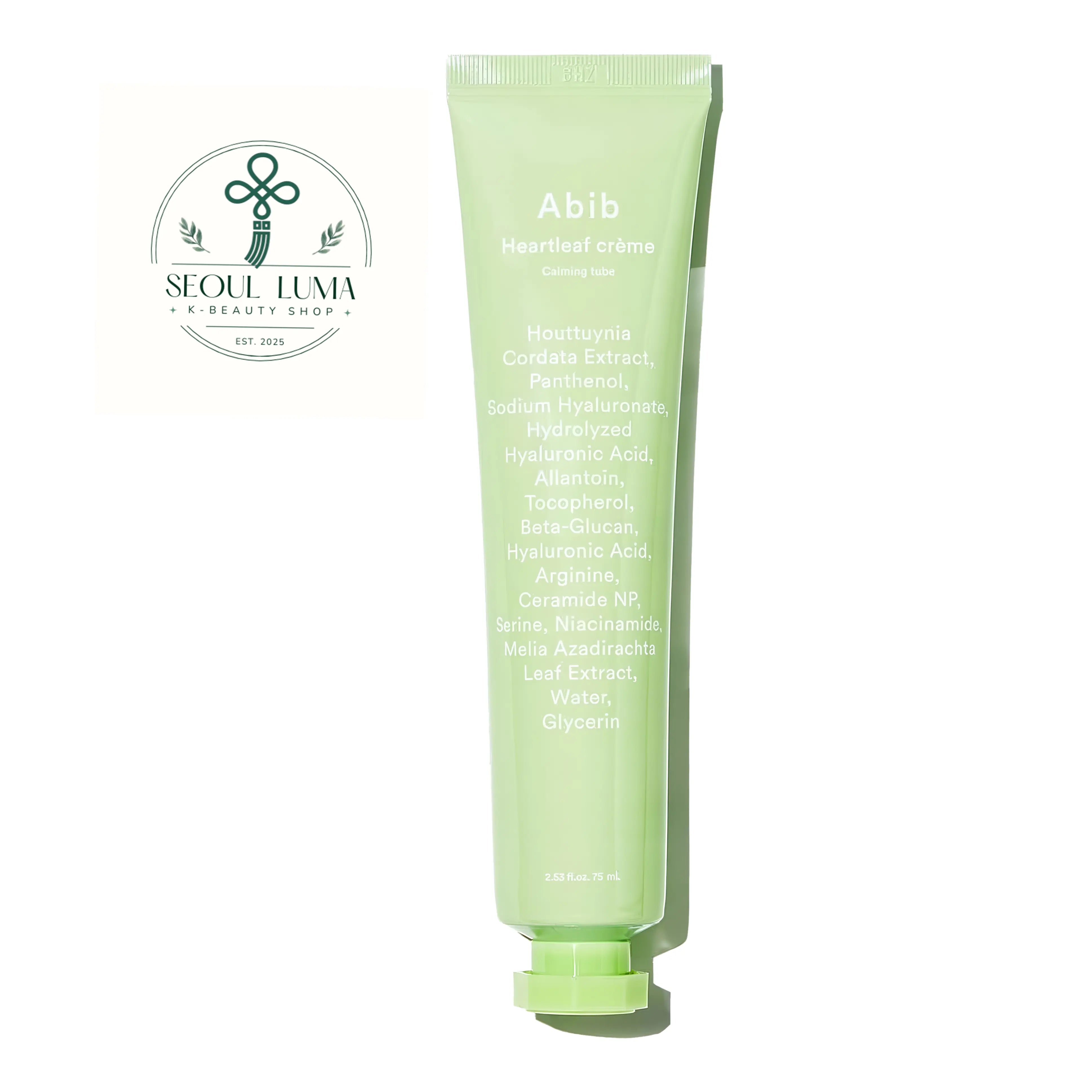 Abib Heartleaf Cream Calming Tube 75ml front view sherbet texture moisturizer for soothing redness and sensitive skin repair
