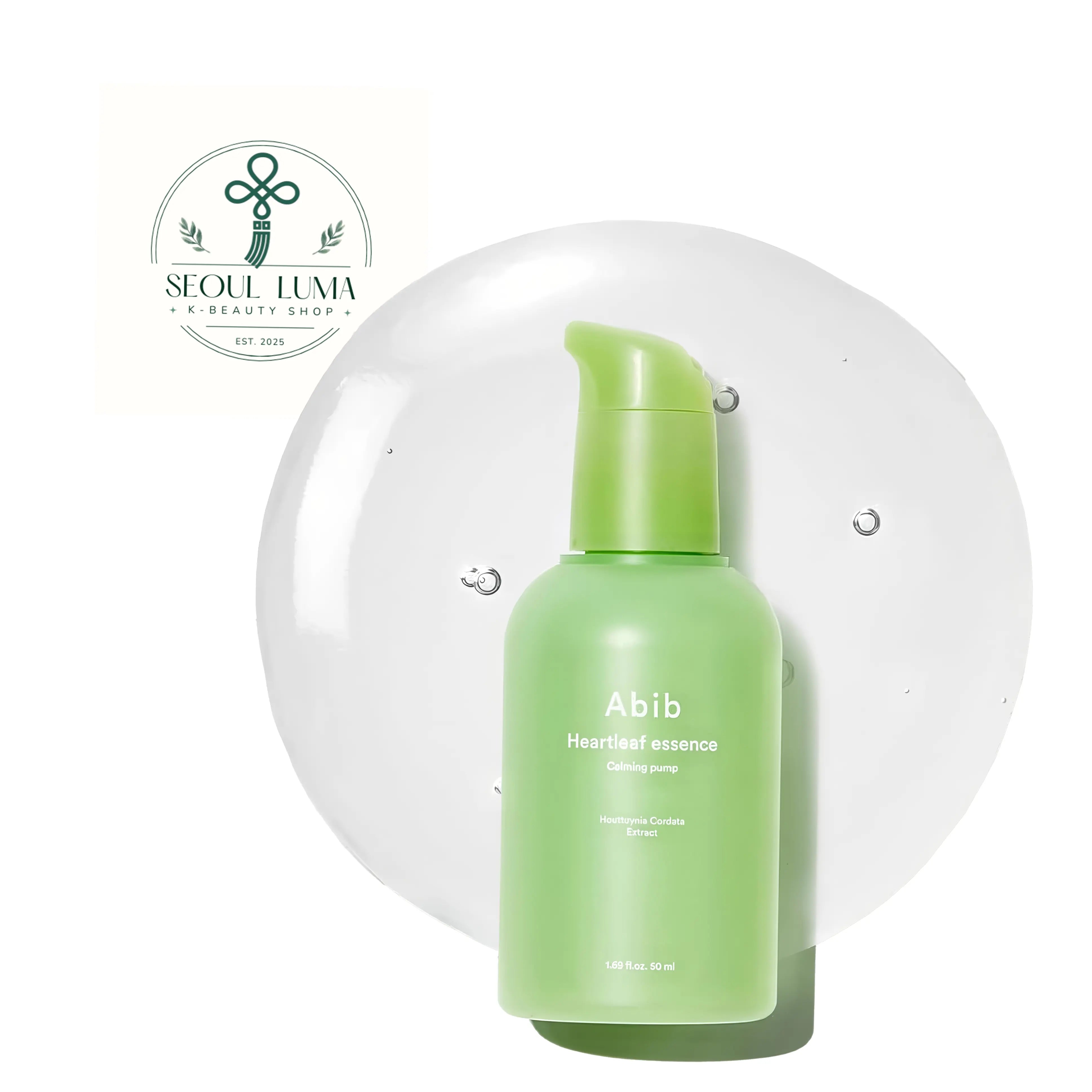 Abib Heartleaf Essence Calming Pump 50ml front view daily soothing serum with 80% heartleaf extract for redness relief and sebum control

