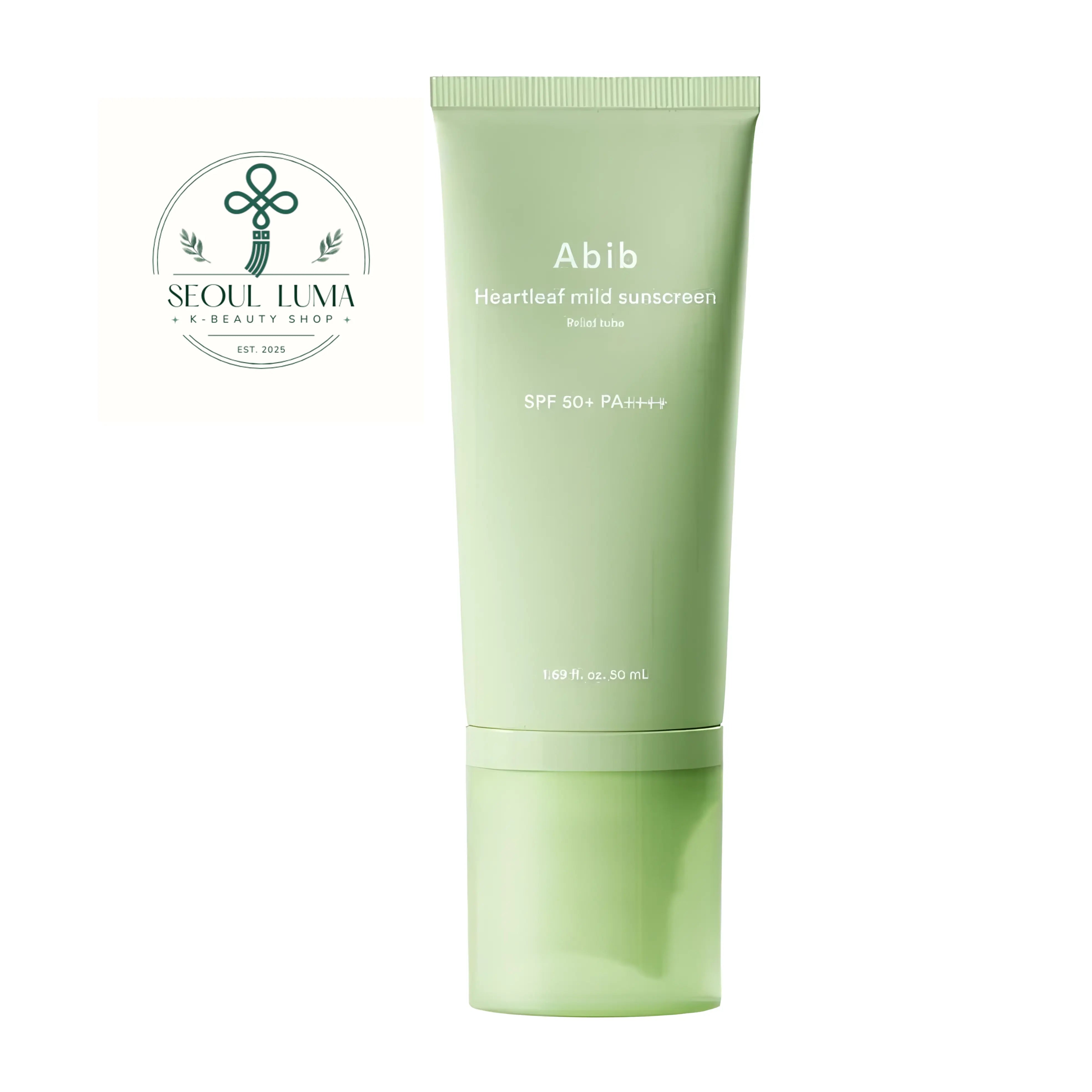 Abib Heartleaf Mild Sunscreen Relief Tube 50ml front view soothing mineral sunscreen with zinc oxide and green tint for redness correction
