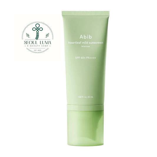 Abib Heartleaf Mild Sunscreen Relief Tube 50ml front view soothing mineral sunscreen with zinc oxide and green tint for redness correction
