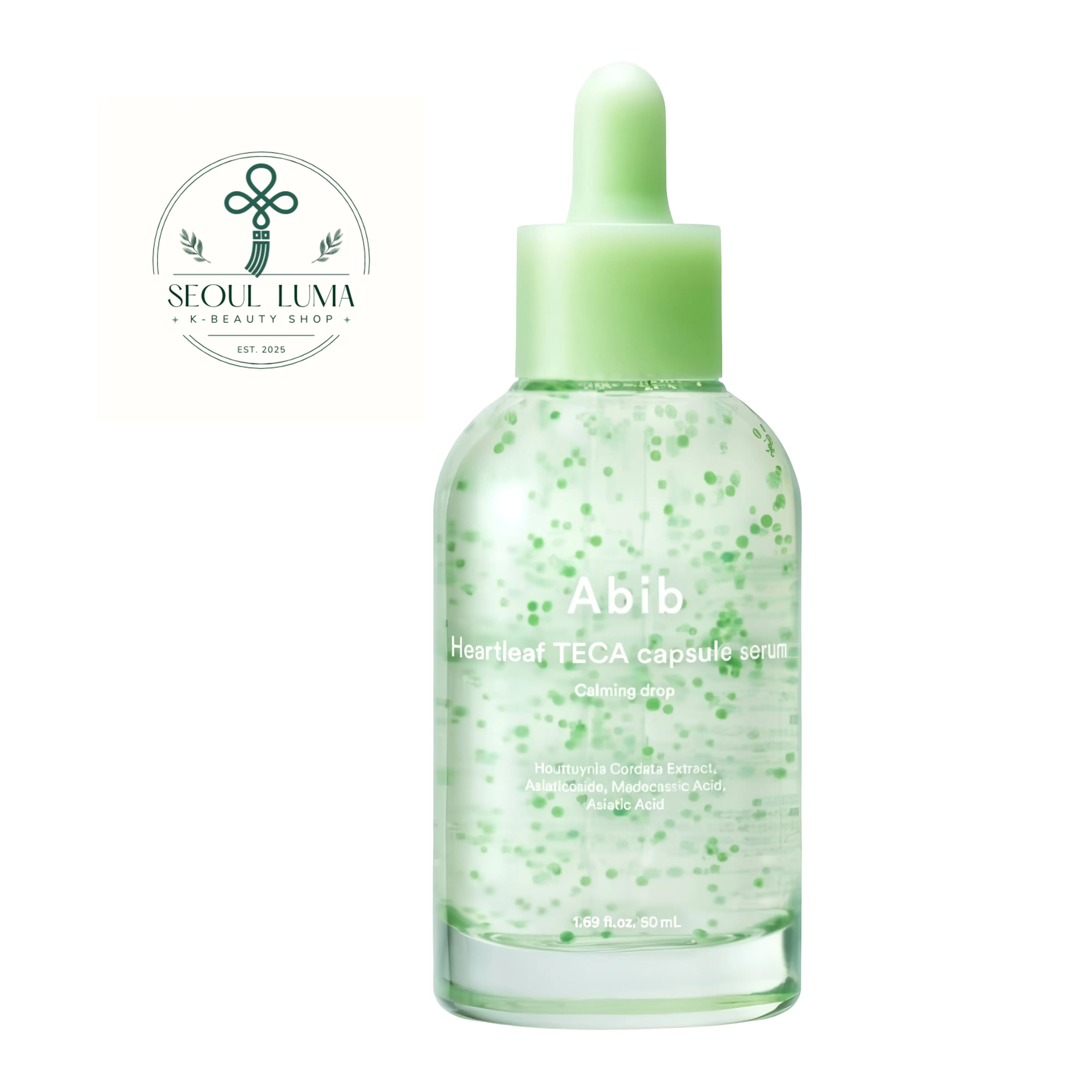 Abib Heartleaf Teca Capsule Serum Calming Drop 50ml front view soothing serum with visible green teca capsules for acne prone and sensitive skin

