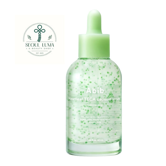 Abib Heartleaf Teca Capsule Serum Calming Drop 50ml front view soothing serum with visible green teca capsules for acne prone and sensitive skin
