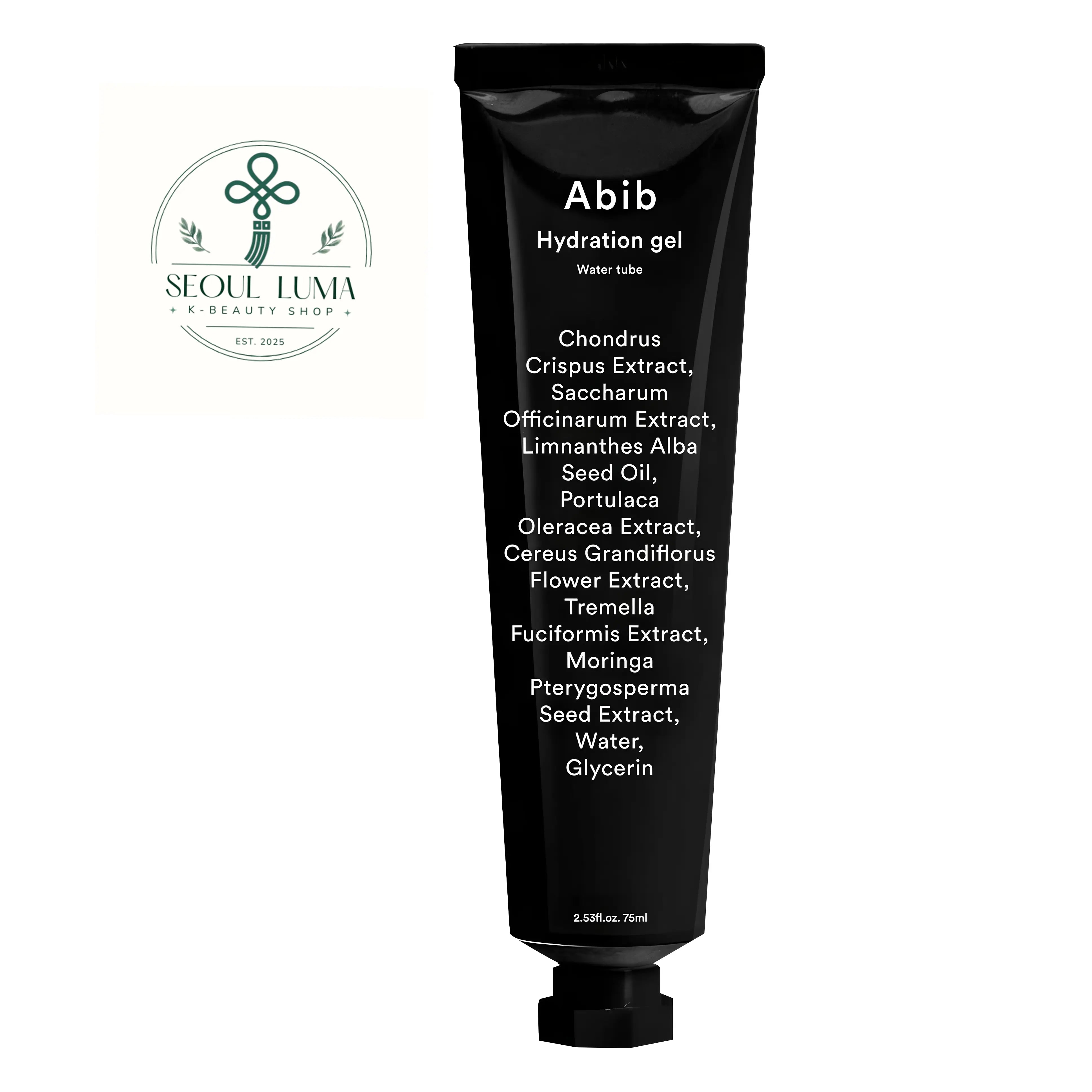 Abib Hydration Gel Water Tube 75ml front view lightweight oil-free moisturizer in aluminum tube for oily and combination skin
