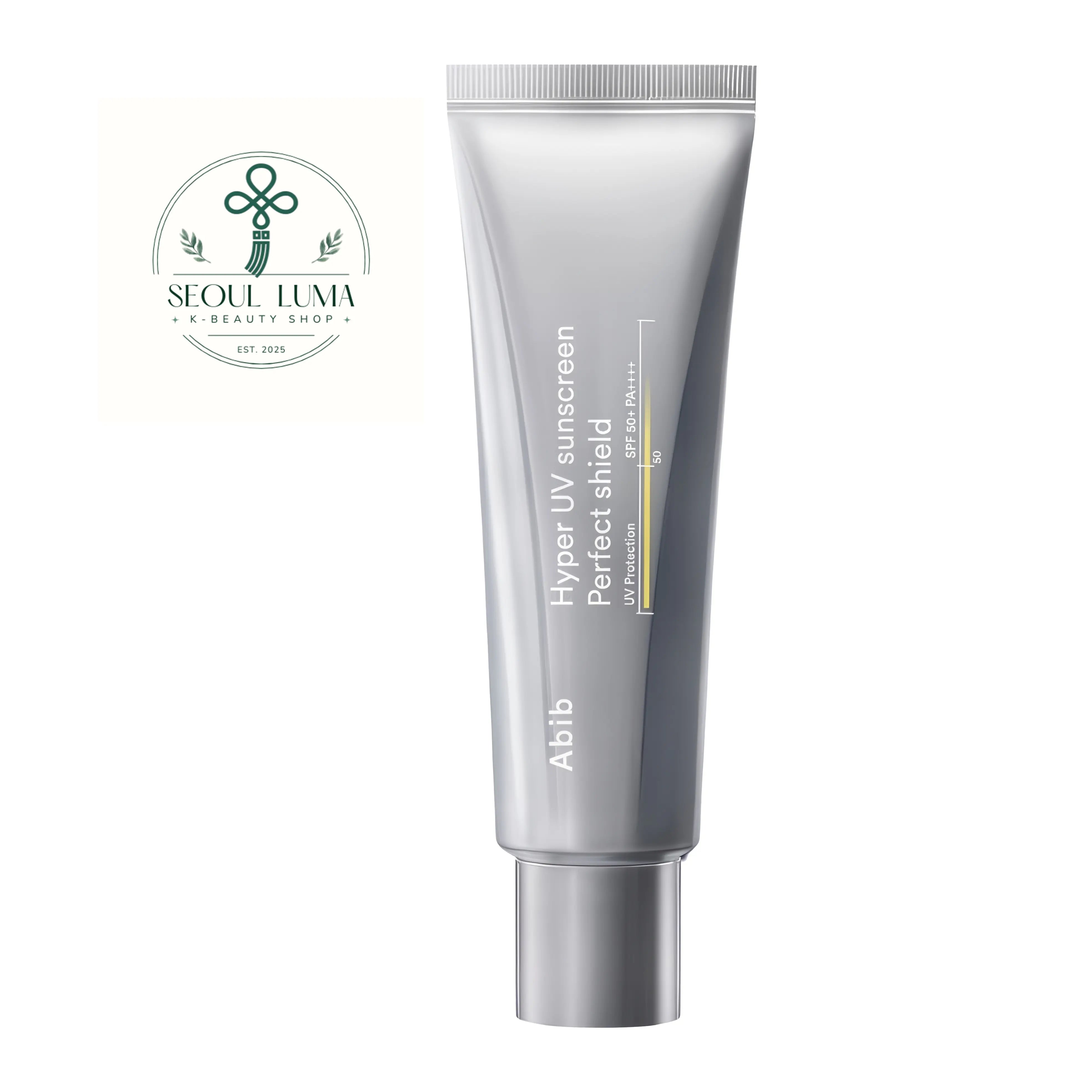 Abib Hyper UV Sunscreen Perfect Shield 50ml front view powerful hybrid sunscreen with water splash texture for outdoor activities
