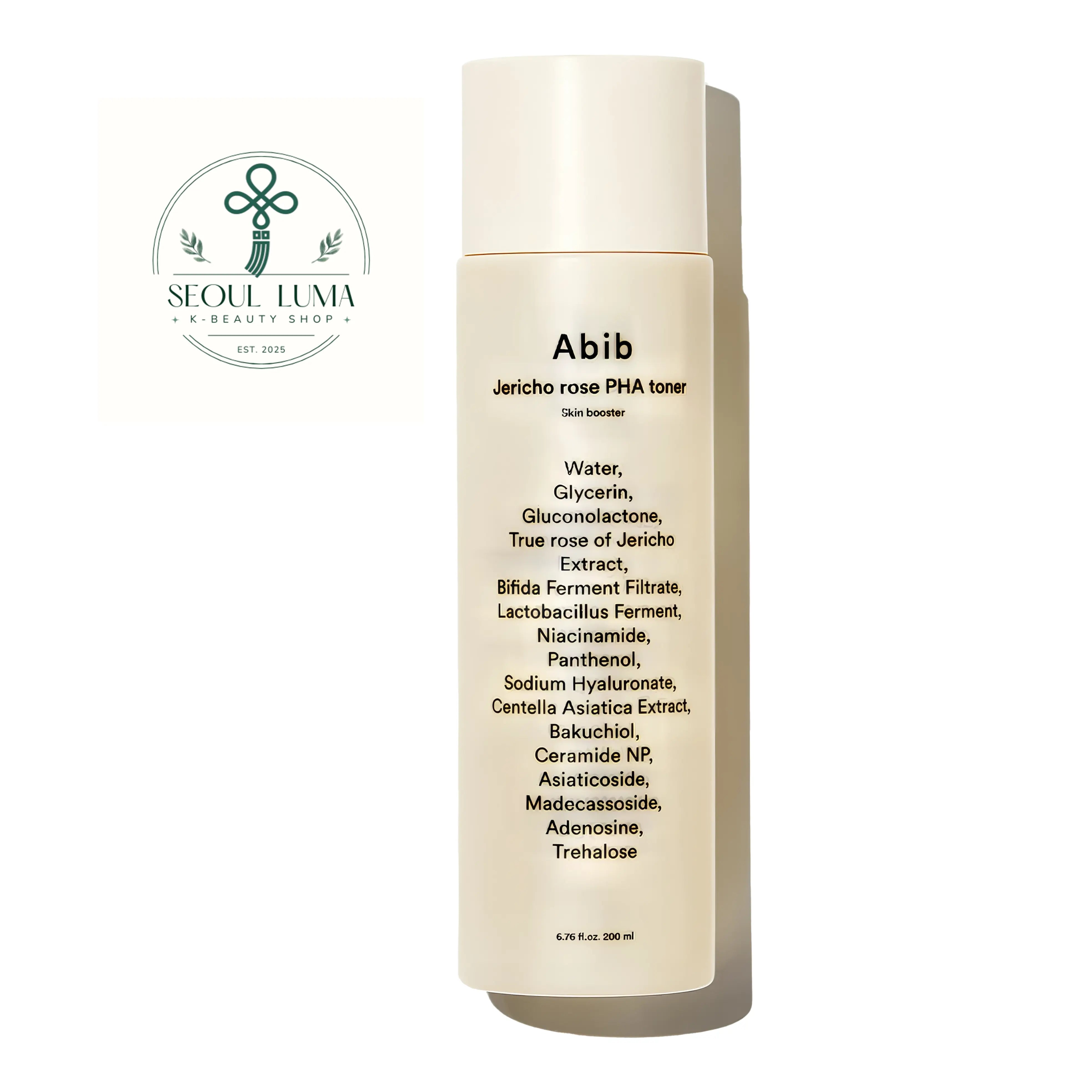 Abib Jericho Rose PHA Toner Skin Booster 200ml front view daily exfoliating toner with 5% PHA and jericho rose for smooth skin texture
