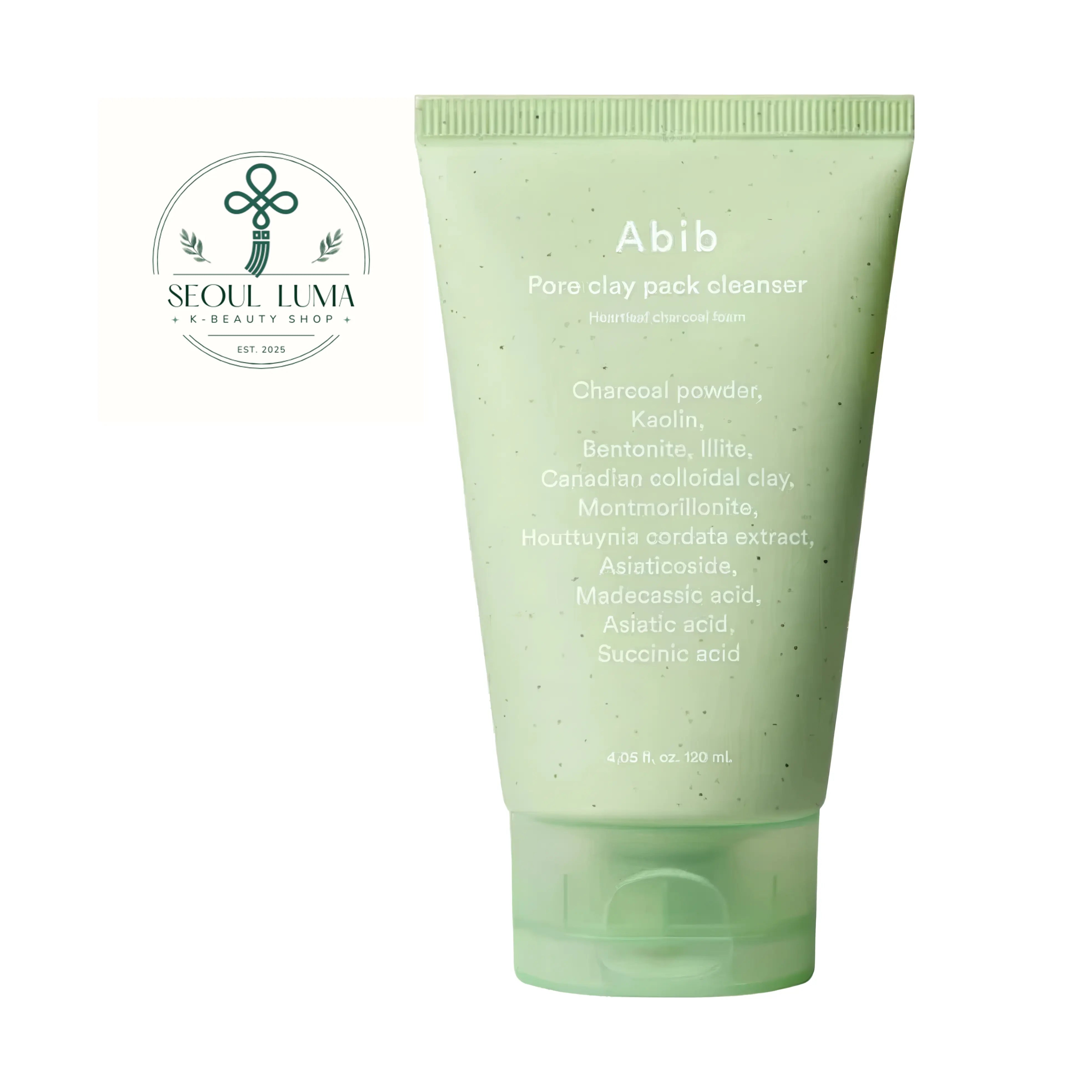 Abib Pore Clay Pack Cleanser Heartleaf Charcoal Foam 120ml tube front view showing 2-in-1 texture for deep pore detox blackhead removal and oil control for acne prone skin