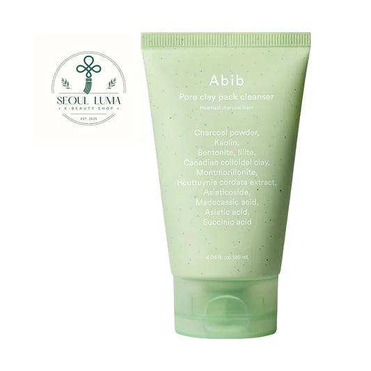 Abib Pore Clay Pack Cleanser Heartleaf Charcoal Foam 120ml tube front view showing 2-in-1 texture for deep pore detox blackhead removal and oil control for acne prone skin