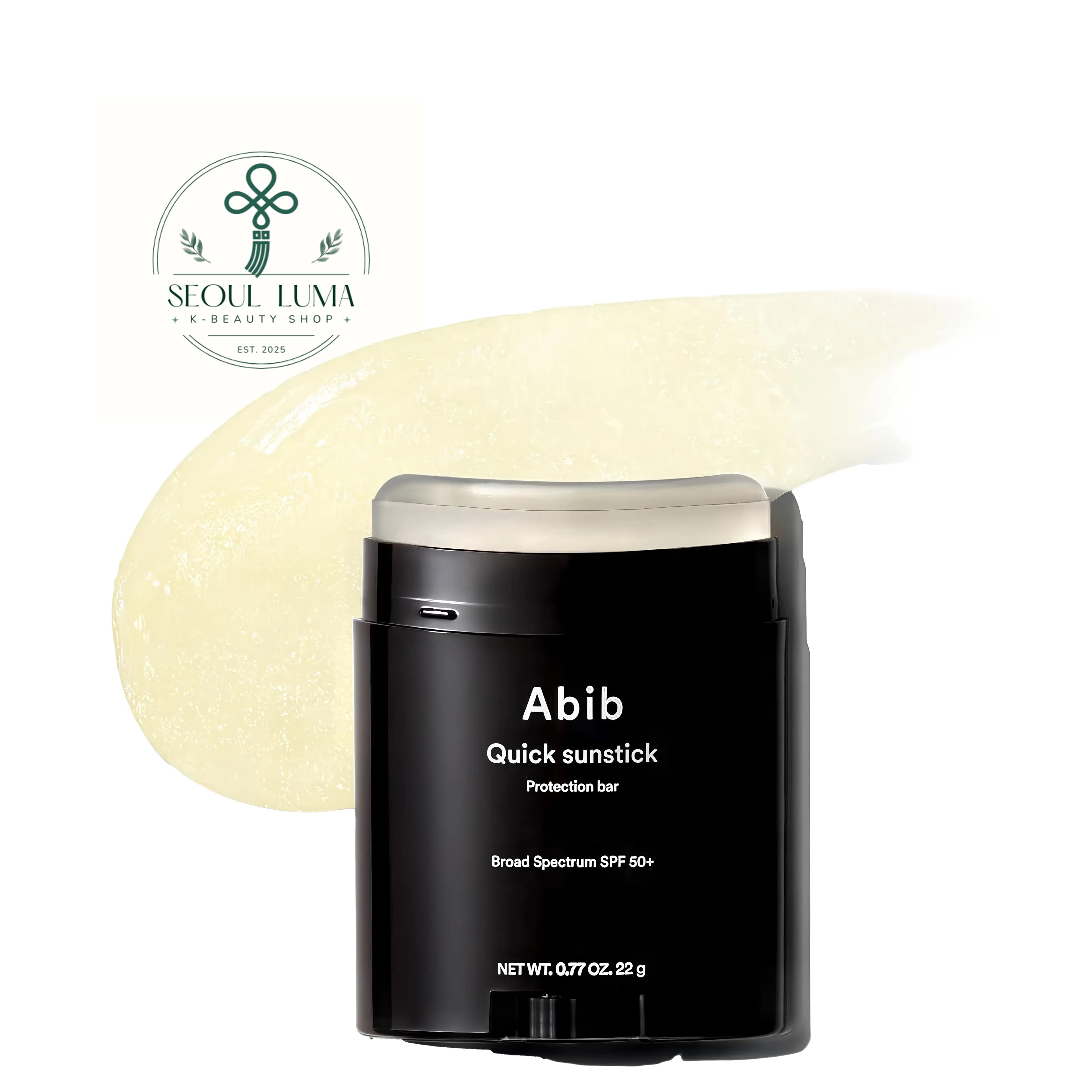 Abib Quick Sunstick Protection Bar SPF50+ PA++++ (22g). A wide, curved chemical sunscreen stick that provides quick, hands-free application and a transparent glow finish without white cast