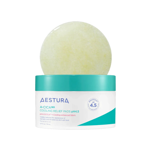 AESTURA A-CICA 365 Cooling Soothing Pad 60ea. A calming toner pad that instantly cools and relieves red, irritated skin.