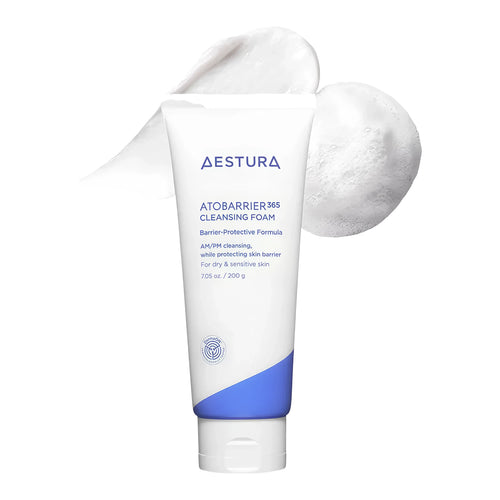 AESTURA Atobarrier365 Cleansing Foam 200g tube for sensitive skin barrier protection and gentle K-beauty daily washing.