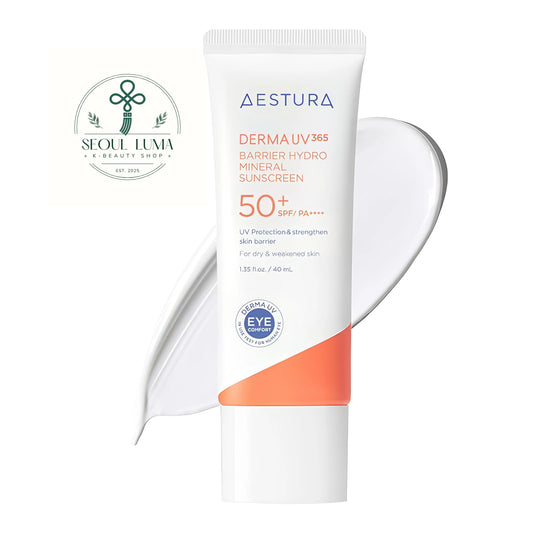 Aestura Derma UV365 Barrier Hydro Mineral Sunscreen SPF50+ PA++++ (40ml). A hydrating mineral sunscreen with ceramides that repairs the skin barrier and provides gentle UV protection for sensitive skin