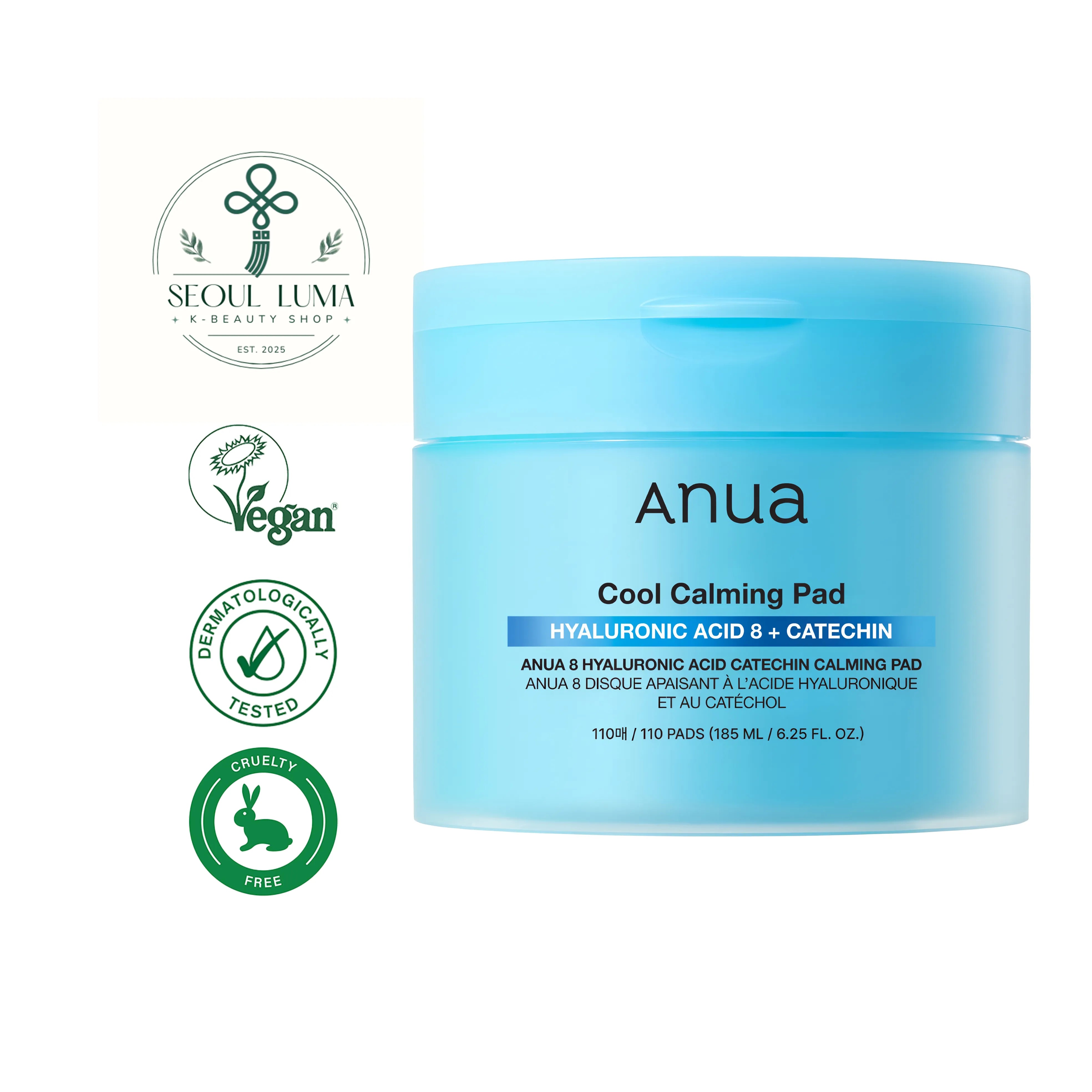 ANUA 8 Hyaluronic Acid Catechin Calming Pad 110 count with green tea extract, instant cooling effect, and dual-sided design for hydration and calming