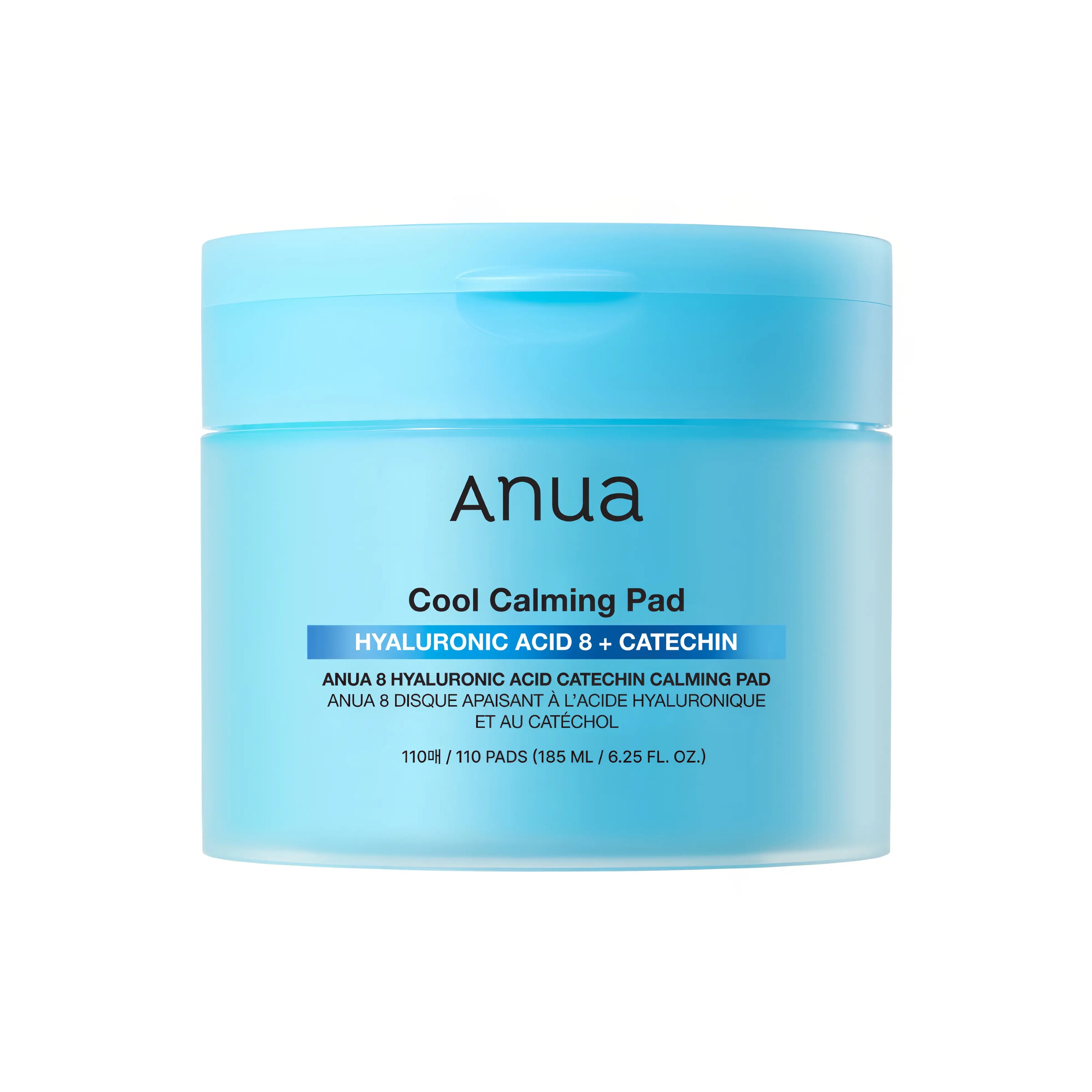 Anua 8 Hyaluronic Acid Catechin Calming Pad in a jar with 110 pads. A hydrating toner pad soothes redness, cools heated skin, and delivers deep moisture with hyaluronic acid and green tea.
