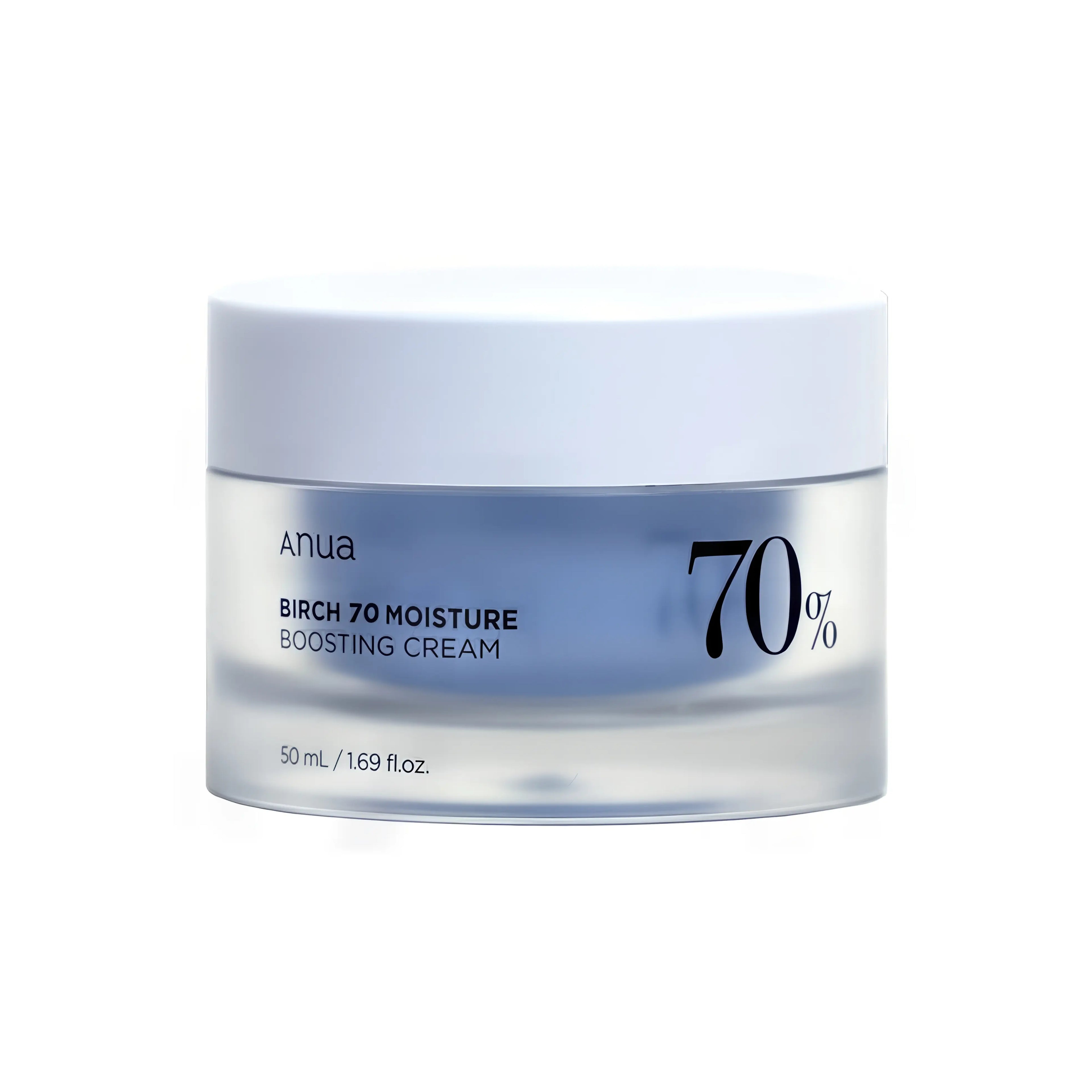 Anua Birch 70 Moisture Boosting Cream in a 50ml jar. A lightweight gel-cream delivers deep hydration, cools heated skin, and restores moisture balance.