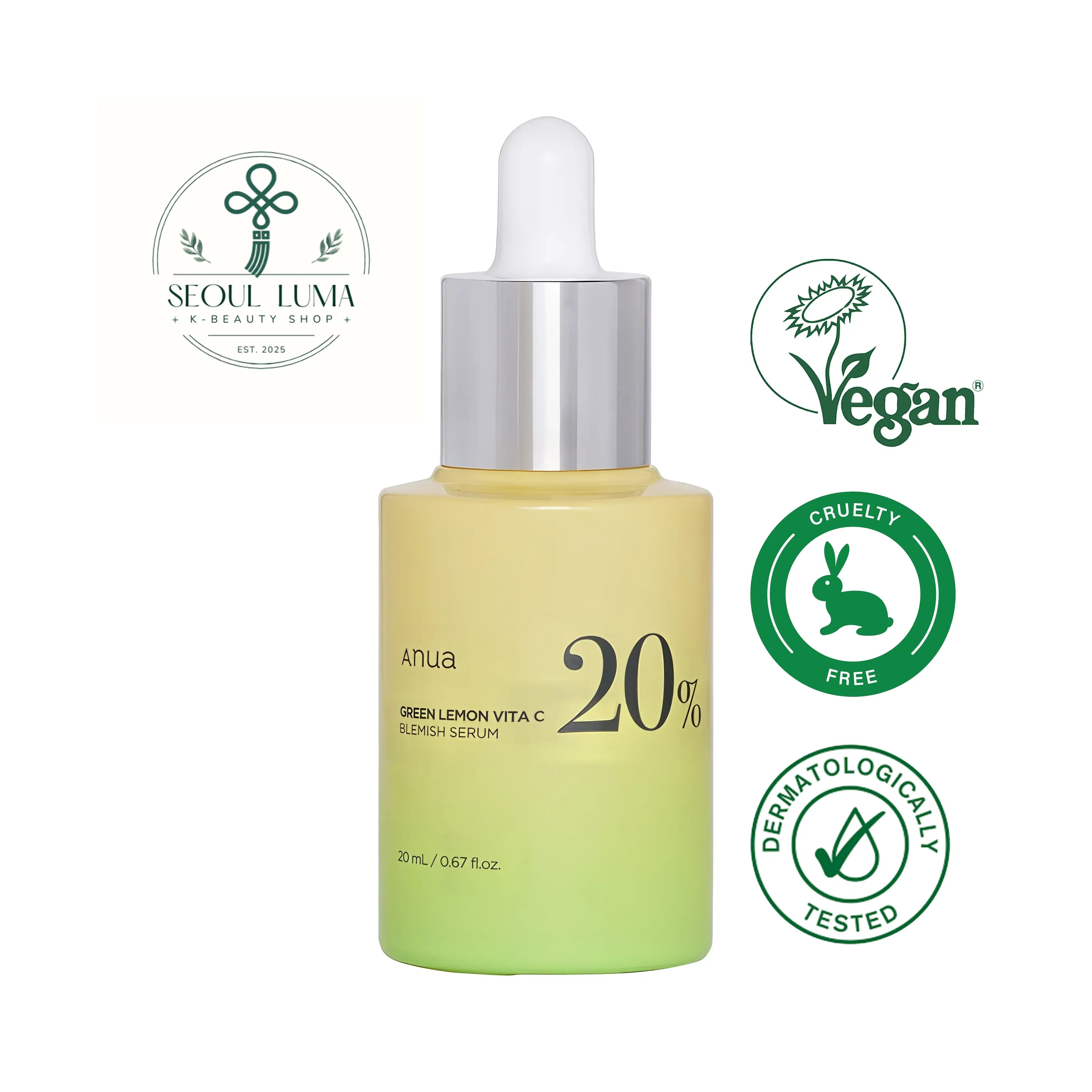 Anua Green Lemon Vitamin C Blemish Serum with 20% pure Vitamin C and 56% Green Lemon extract for brightening dark spots and blemishes