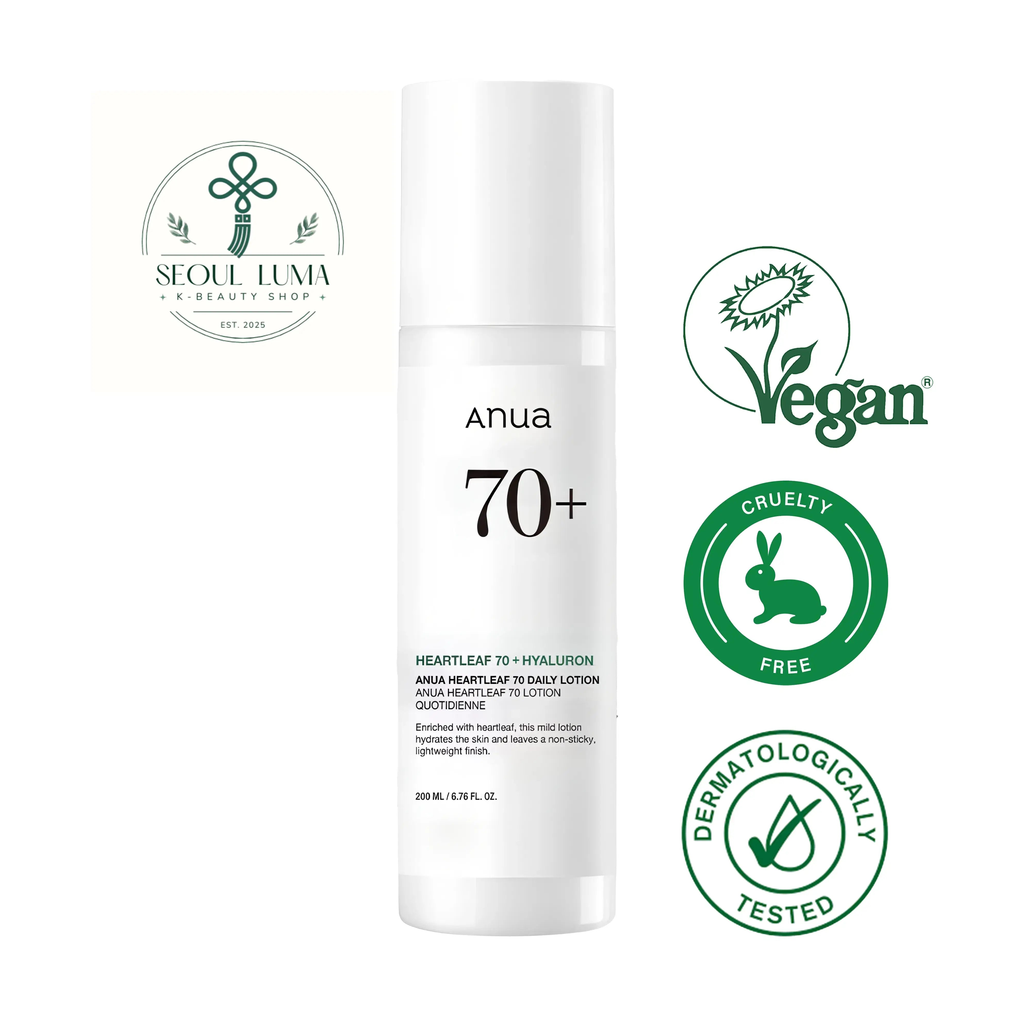 Anua Heartleaf 70 Daily Lotion with 70% heartleaf extract and triple hyaluronic acid for lightweight, soothing daily hydration
