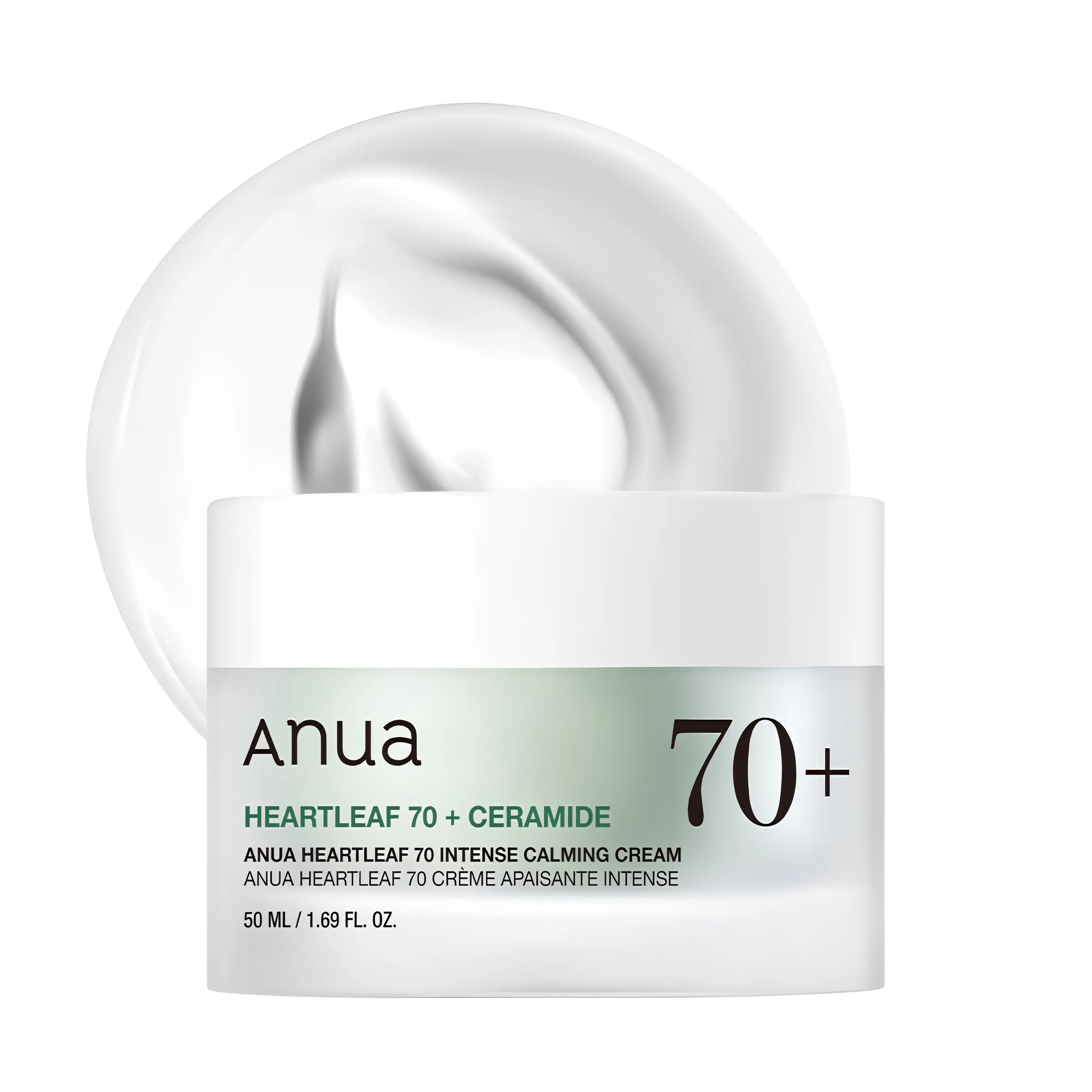 Anua Heartleaf 70% Intense Calming Cream in a 50ml jar. A rich moisturizer deeply hydrates, repairs the skin barrier, and soothes severe redness for dry, sensitive skin.