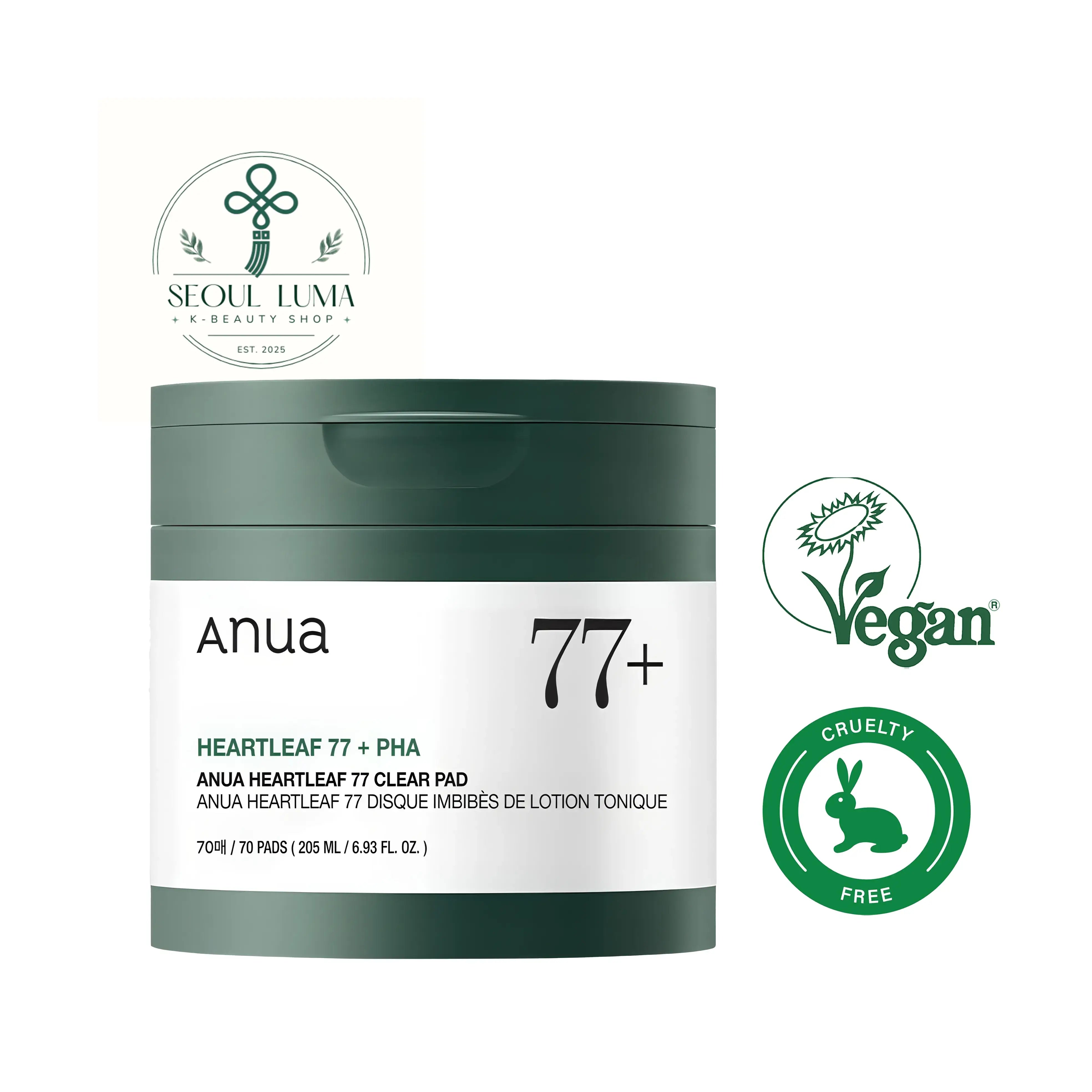Anua Heartleaf 77 Clear Pad with 77% heartleaf extract and PHA for gentle exfoliation and soothing care of sensitive, acne-prone skin