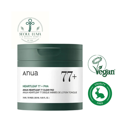Anua Heartleaf 77 Clear Pad with 77% heartleaf extract and PHA for gentle exfoliation and soothing care of sensitive, acne-prone skin