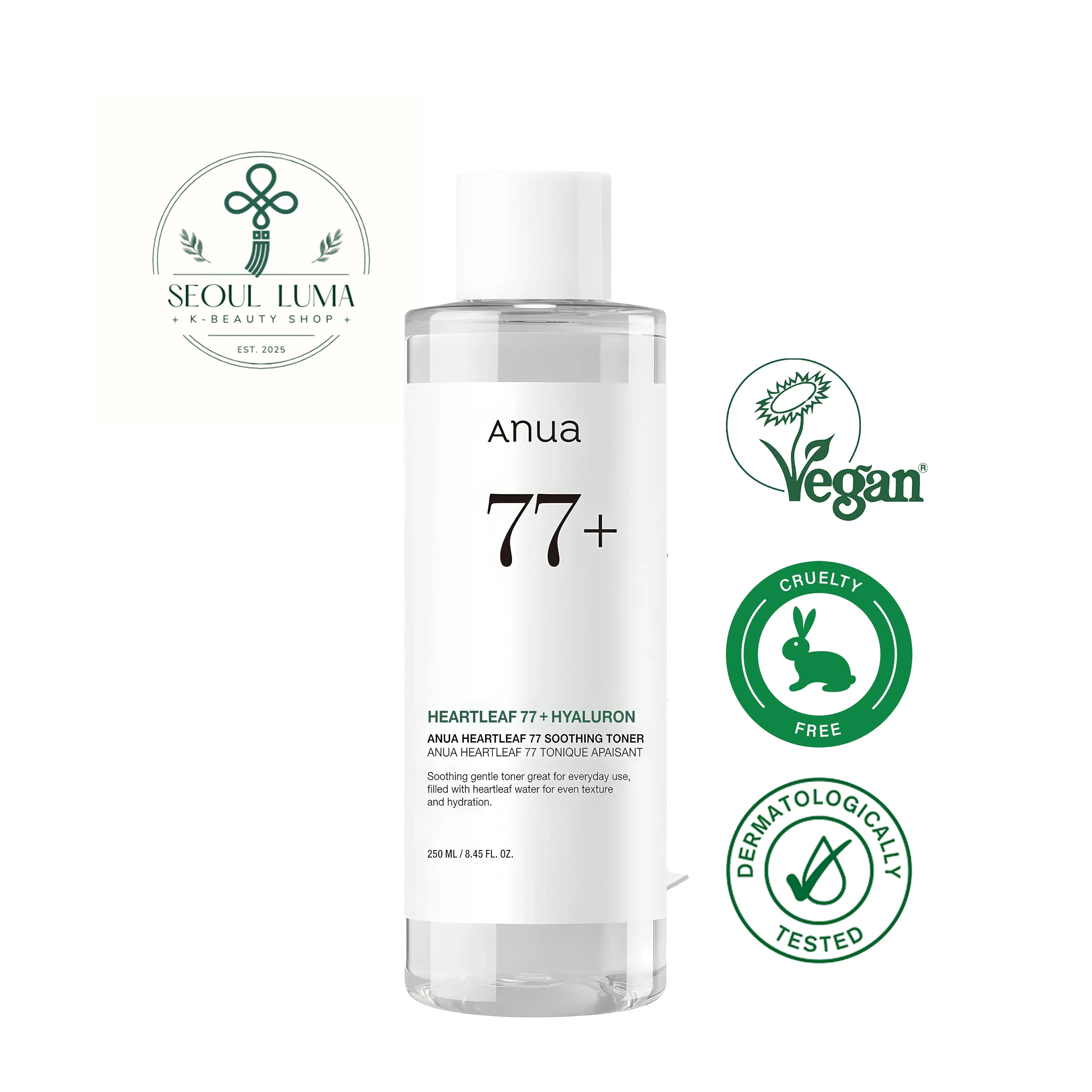 Anua Heartleaf 77 Soothing Toner with 77% heartleaf extract for daily soothing and hydration of sensitive, acne-prone skin