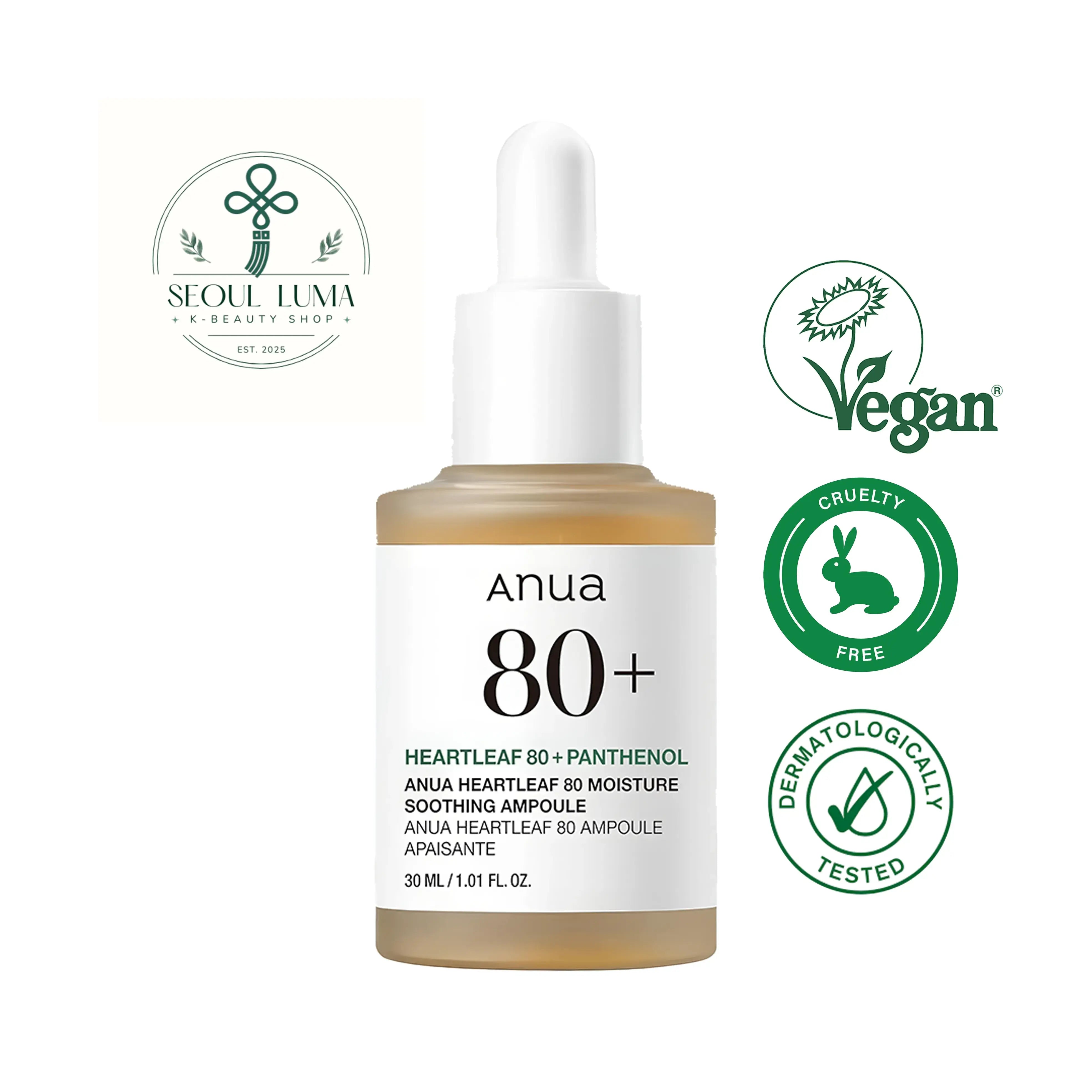 Anua Heartleaf 80% Moisture Soothing Ampoule with heartleaf extract for intensive soothing and hydration of sensitive skin