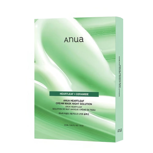 ANUA Heartleaf Cream Mask Night Solution (10 Sheets) box and creamy sheet mask for intensive overnight barrier repair and Korean skin calming care.