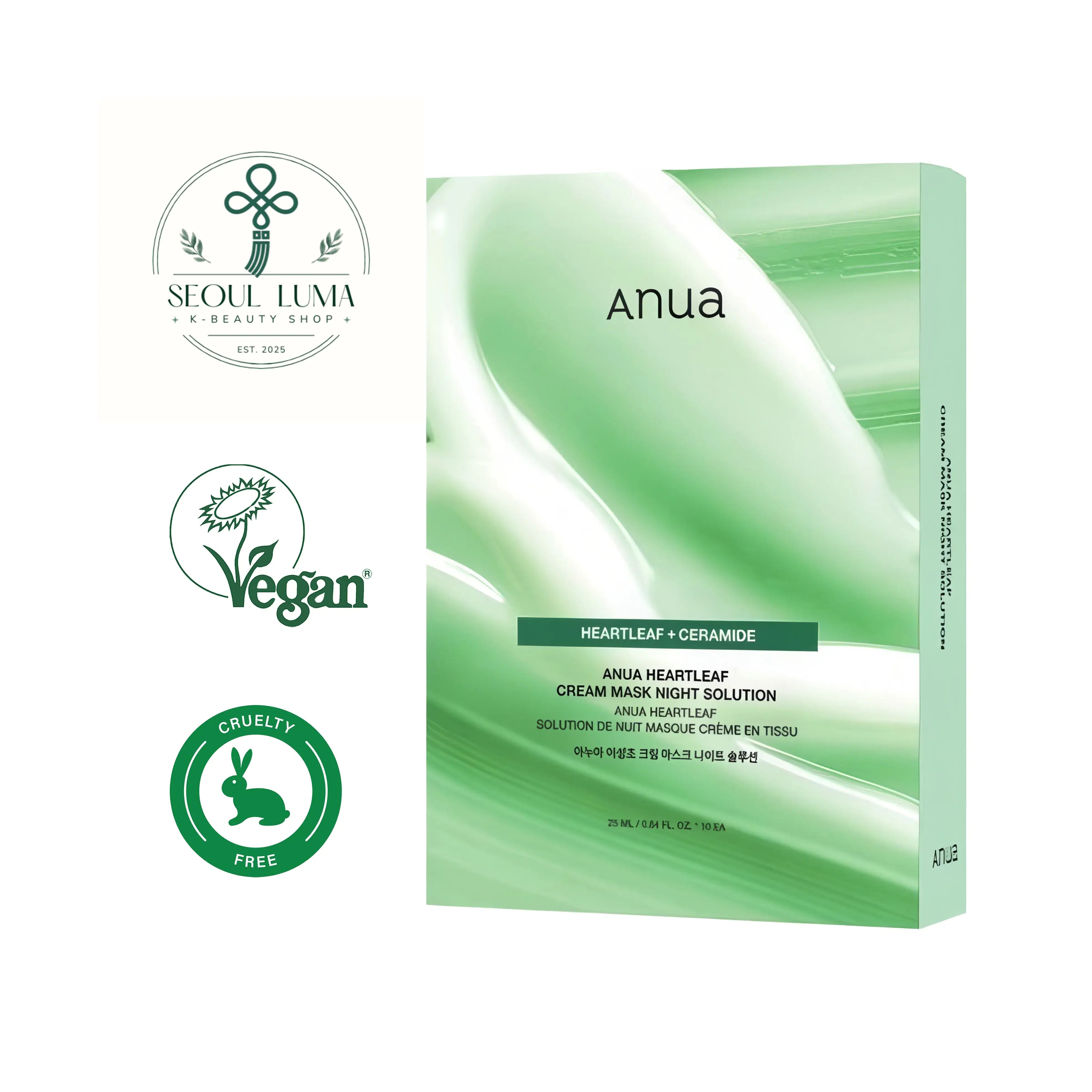 Anua Heartleaf Cream Mask Night Solution pack with heartleaf and ceramides for overnight barrier repair and intense hydration