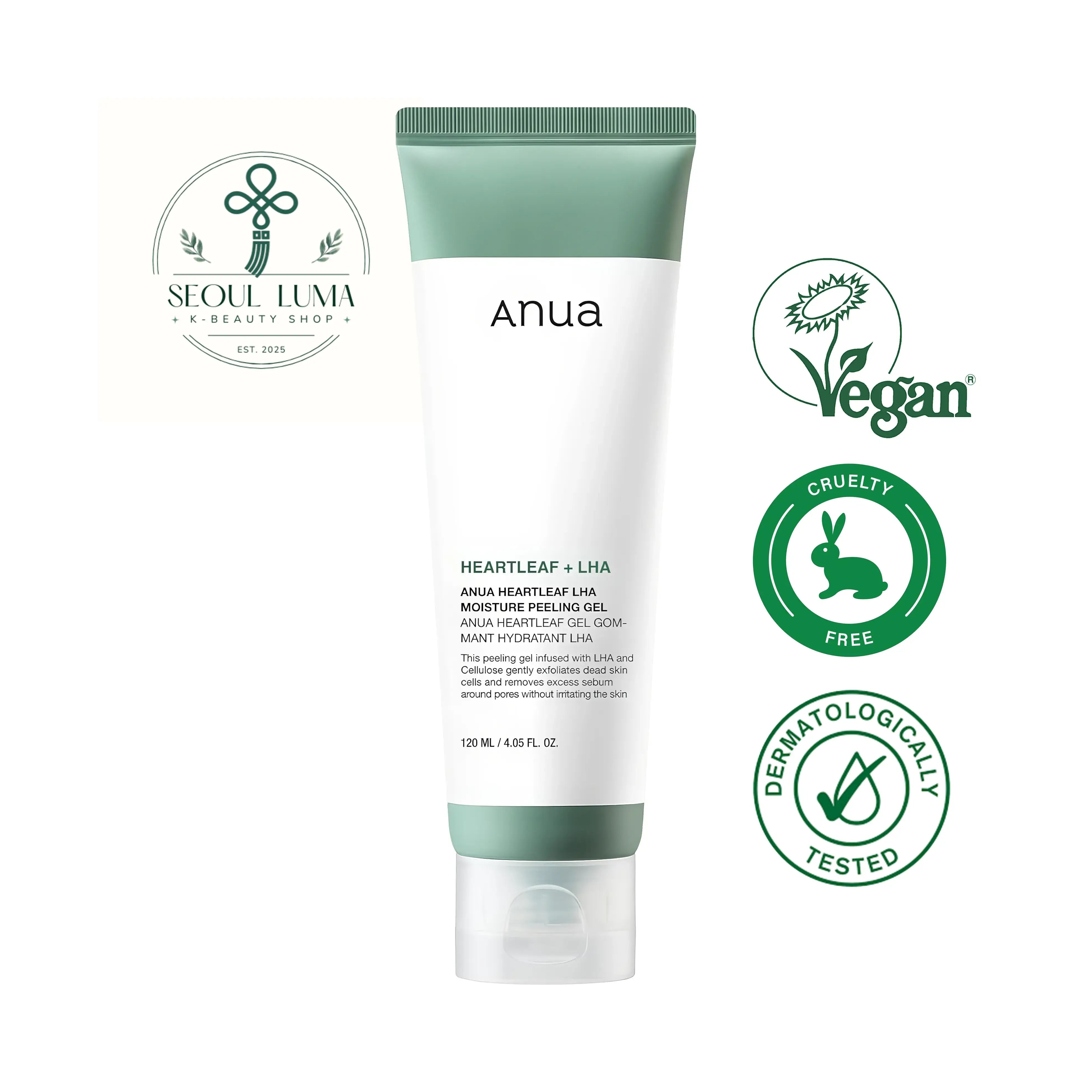 Anua Heartleaf LHA Moisture Peeling Gel, a gentle exfoliator with heartleaf and LHA for sensitive skin to remove dead skin cells and control sebum