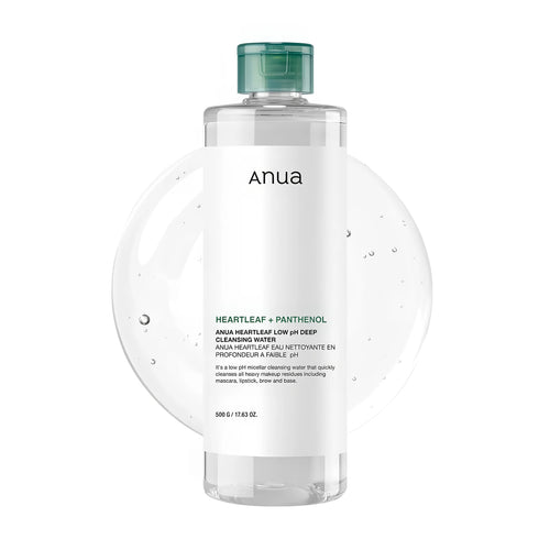 ANUA Heartleaf Low pH Deep Cleansing Water 500ml bulk bottle for gentle micellar makeup removal and Korean sensitive skin care.