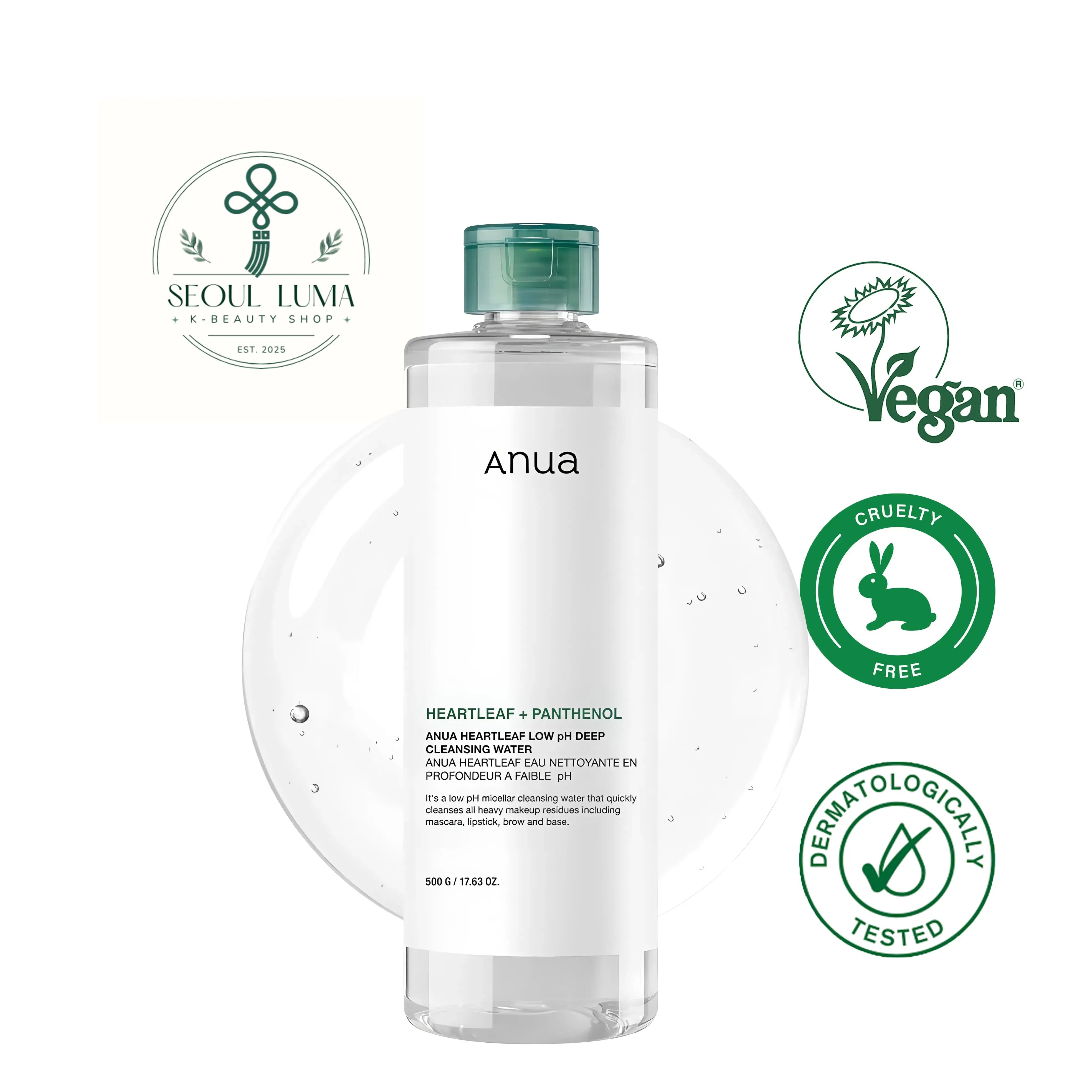 Anua Heartleaf Low pH Deep Cleansing Water, a gentle micellar water for removing makeup and soothing sensitive skin