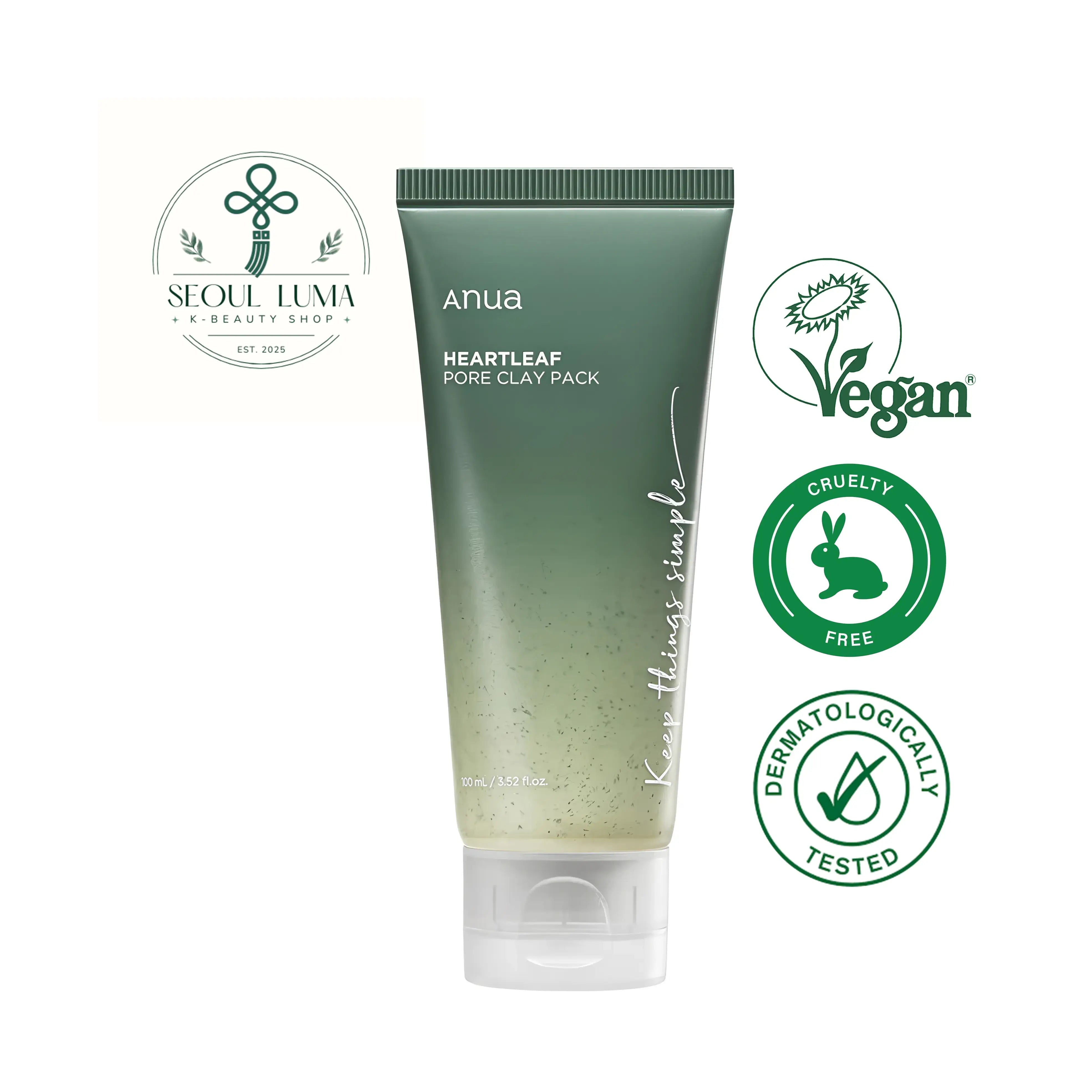 Anua Heartleaf Pore Clay Pack with kaolin, bentonite, and heartleaf extract for deep cleansing and soothing oily, sensitive skin