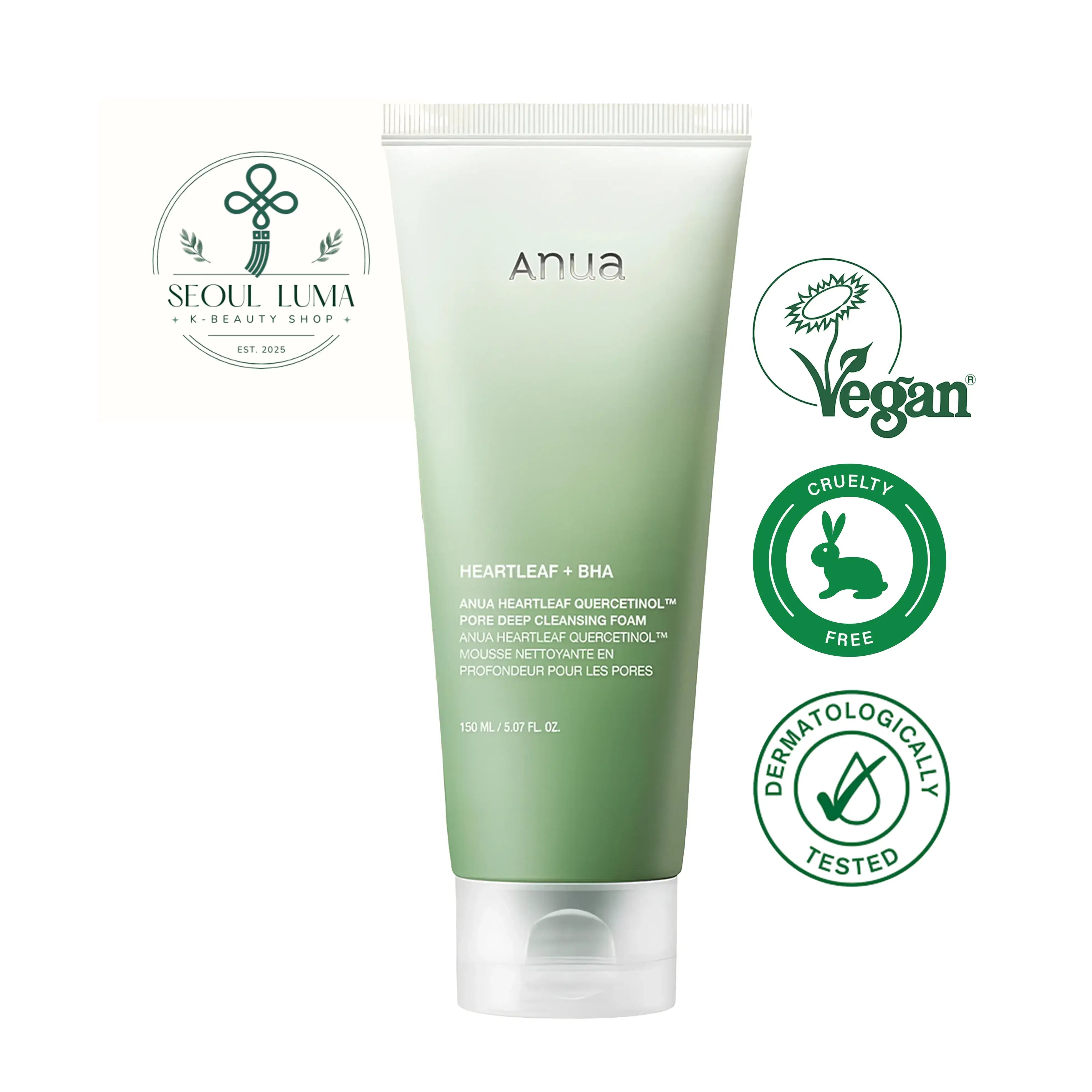 Anua Heartleaf Quercetinol Pore Deep Cleansing Foam with heartleaf powder, BHA, and quercetin for deep pore cleansing and sebum control
