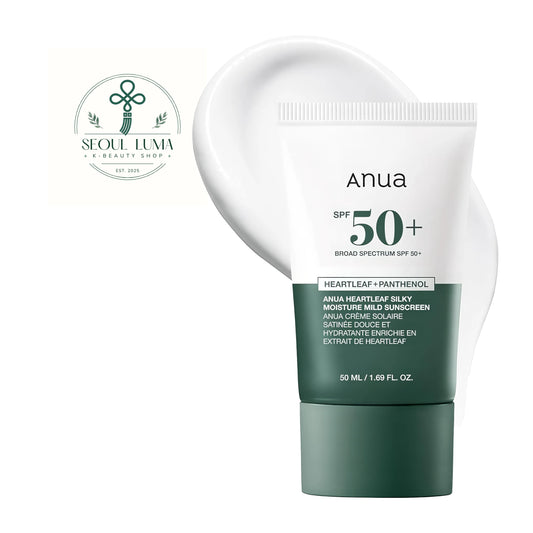 Anua Heartleaf Silky Moisture Sun Cream SPF50+ PA++++ (50ml). A soothing chemical sunscreen with 30% heartleaf extract that provides a silky, pore-blurring finish ideal for makeup priming
