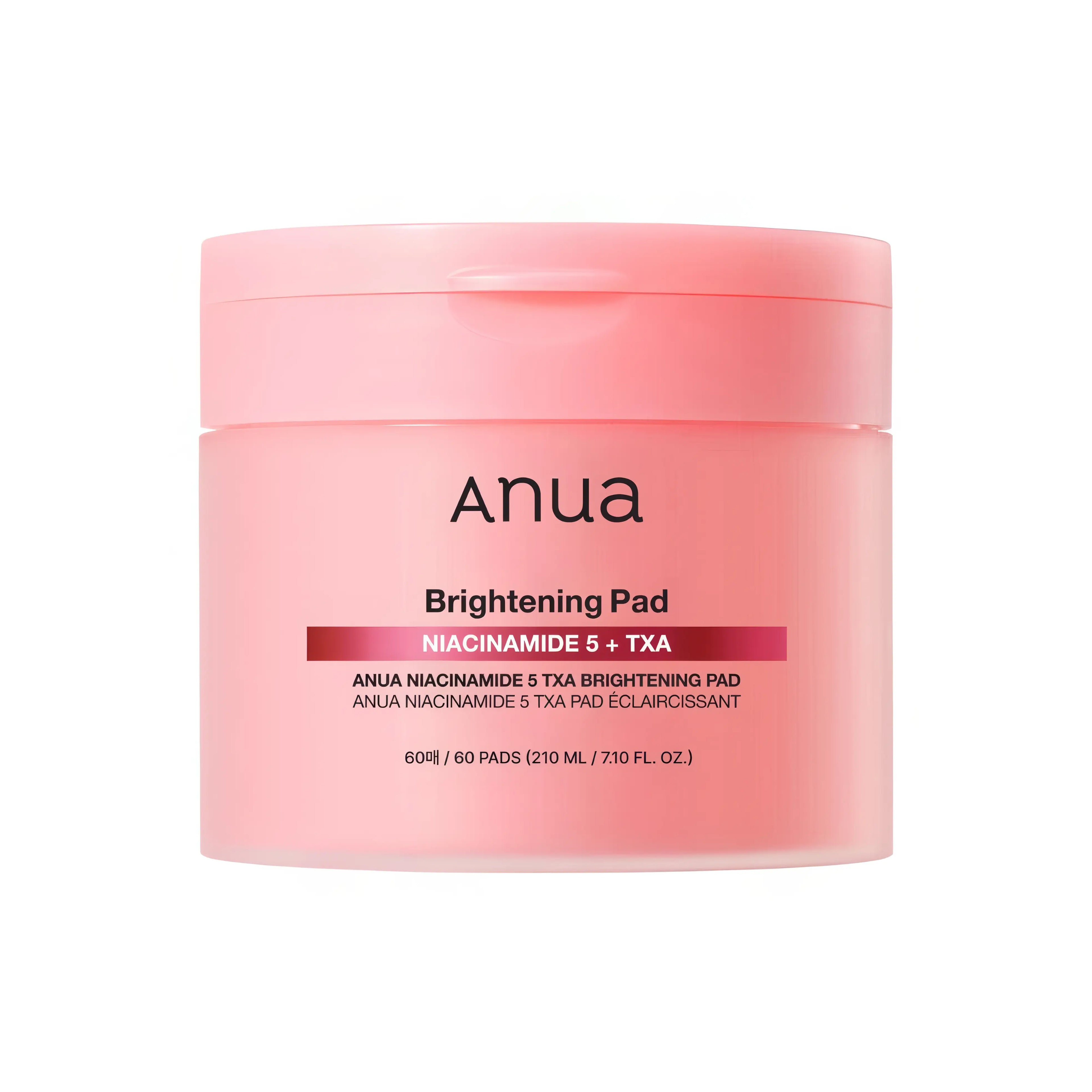 A close-up shot of the Anua Niacinamide 5% TXA Brightening Pad container, showing the 60 pre-soaked toner pads inside. The image highlights the dual-textured pad—one side embossed for gentle exfoliation and one side smooth for hydration. This K-beauty product is designed to target hyperpigmentation and dark spots using 5% Niacinamide and Tranexamic Acid. The minimalist, clean packaging represents the product's focus on skin clarity and a radiant, even complexion.
