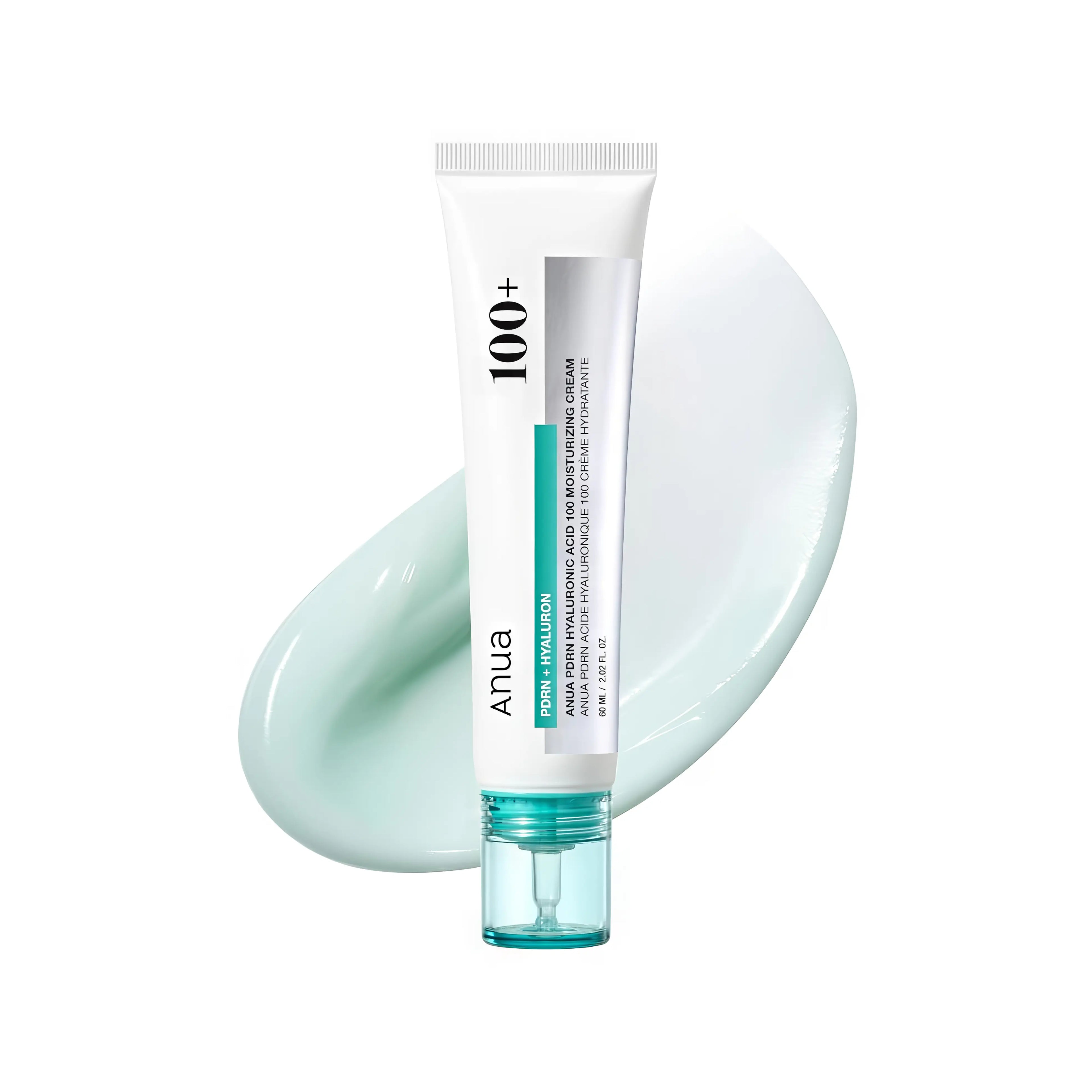 Anua PDRN Hyaluronic Acid 100 Moisture Cream in a 60ml jar. A firming moisturizer plumps fine lines, regenerates elasticity, and delivers deep hydration for dry, aging skin.