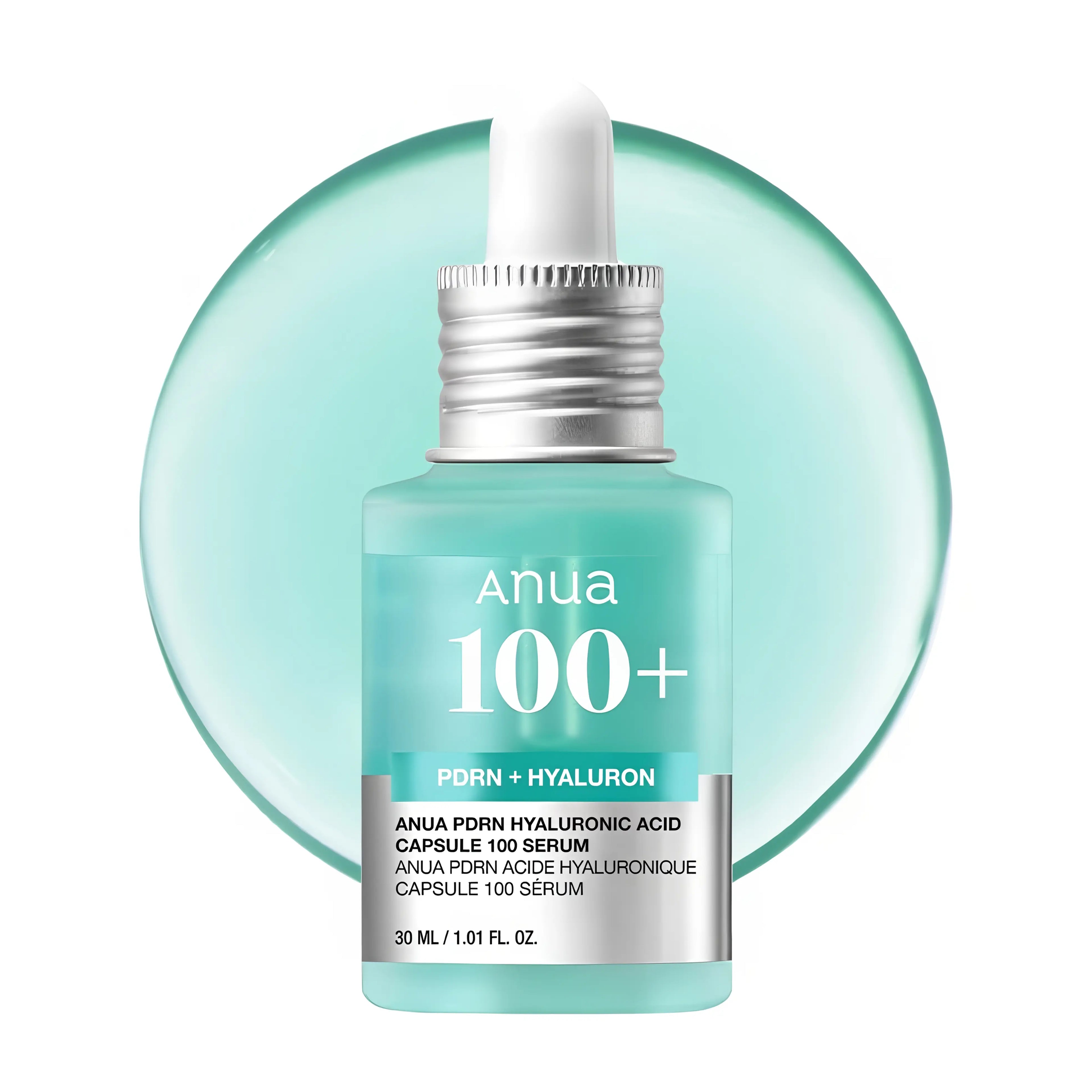 Anua PDRN Hyaluronic Acid Capsule 100 Serum in a 30ml bottle. A hydrating capsule serum plumps the skin, restores elasticity, and delivers deep moisture for a youthful glow.