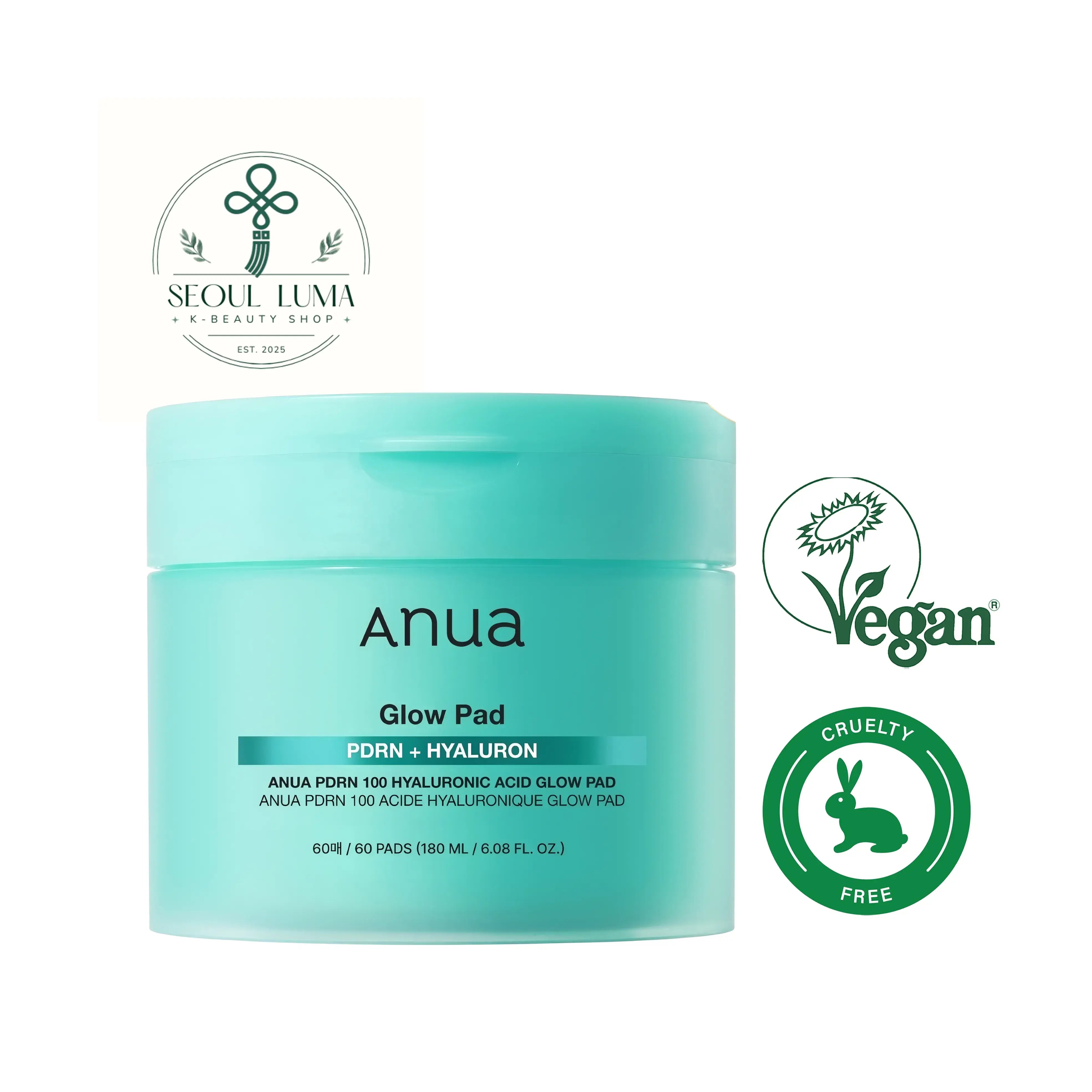 Anua PDRN 100 Hyaluronic Acid Glow Pad with PDRN and collagen for skin regeneration and a radiant glow