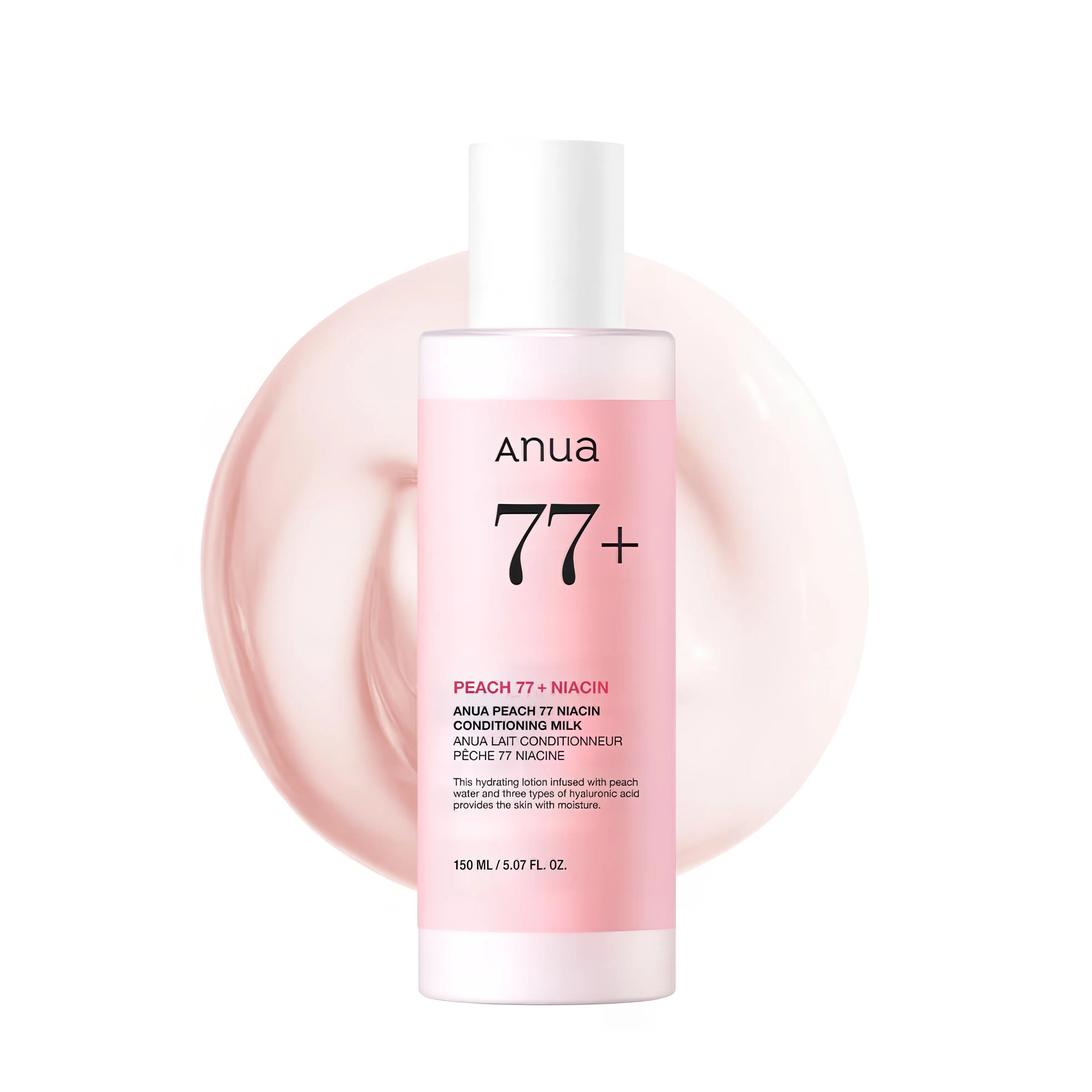 Anua Peach 77 Niacin Conditioning Milk in a 150ml pink bottle. A hydrating milky lotion brightens dullness, smooths rough texture, and preps the skin for a radiant glow.